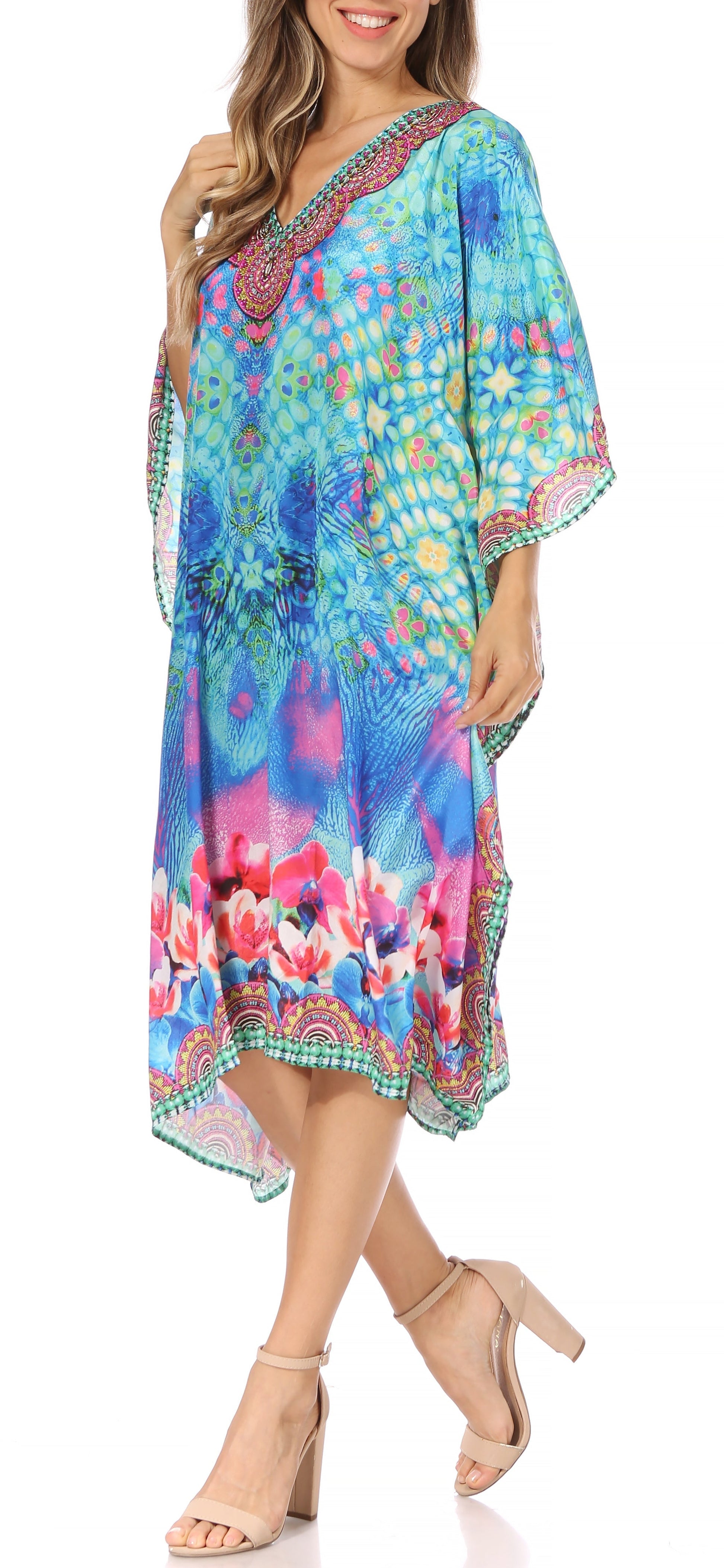 Sakkas MiuMiu Ligthweight Summer Printed Short Caftan Dress / Cover Up - Concordia Style Boutique