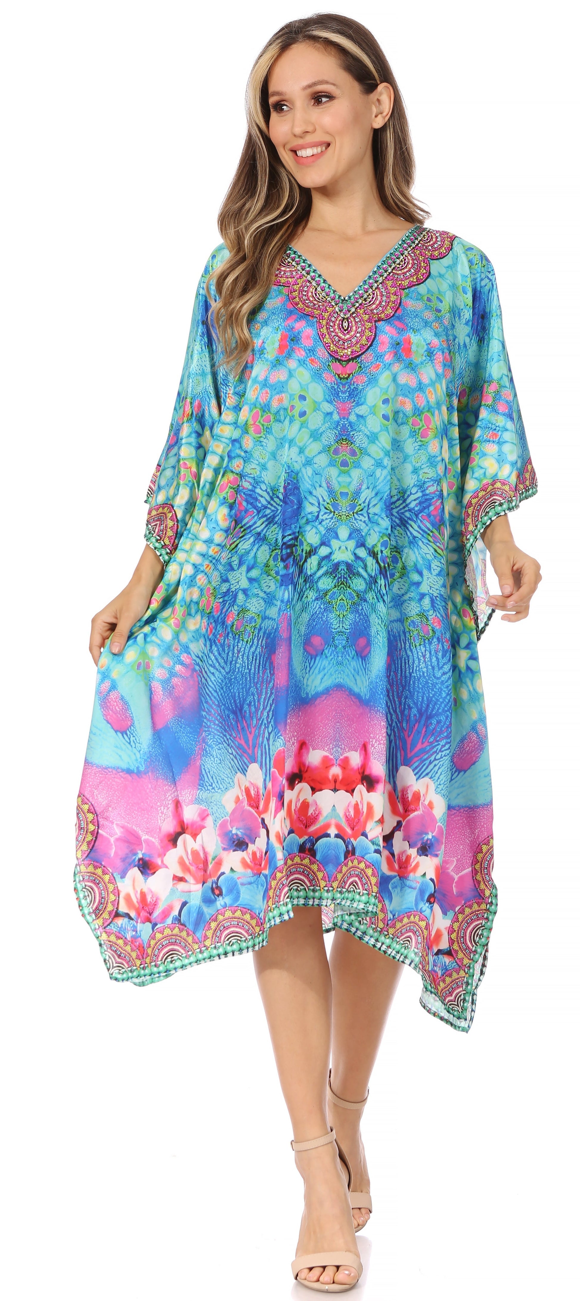 Sakkas MiuMiu Ligthweight Summer Printed Short Caftan Dress / Cover Up - Concordia Style Boutique