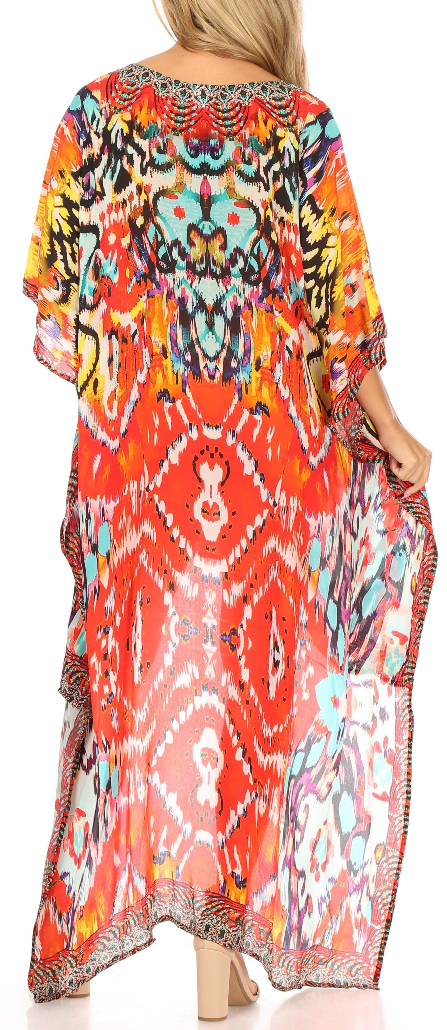 Sakkas Laisson Flowy Hi Low Caftan Rhinestone Boxy V Neck Dress Top Cover / Up - Concordia Style Boutique