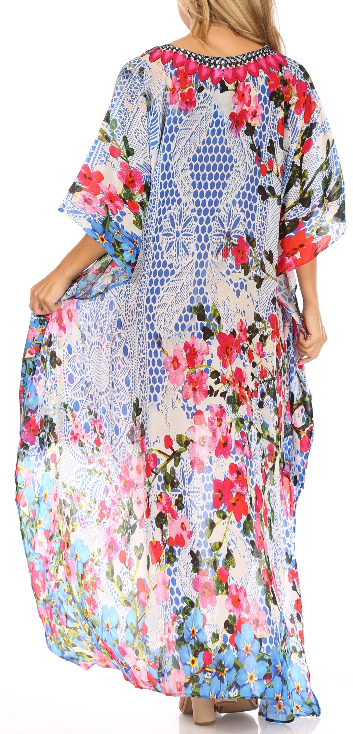 Sakkas Laisson Flowy Hi Low Caftan Rhinestone Boxy V Neck Dress Top Cover / Up - Concordia Style Boutique