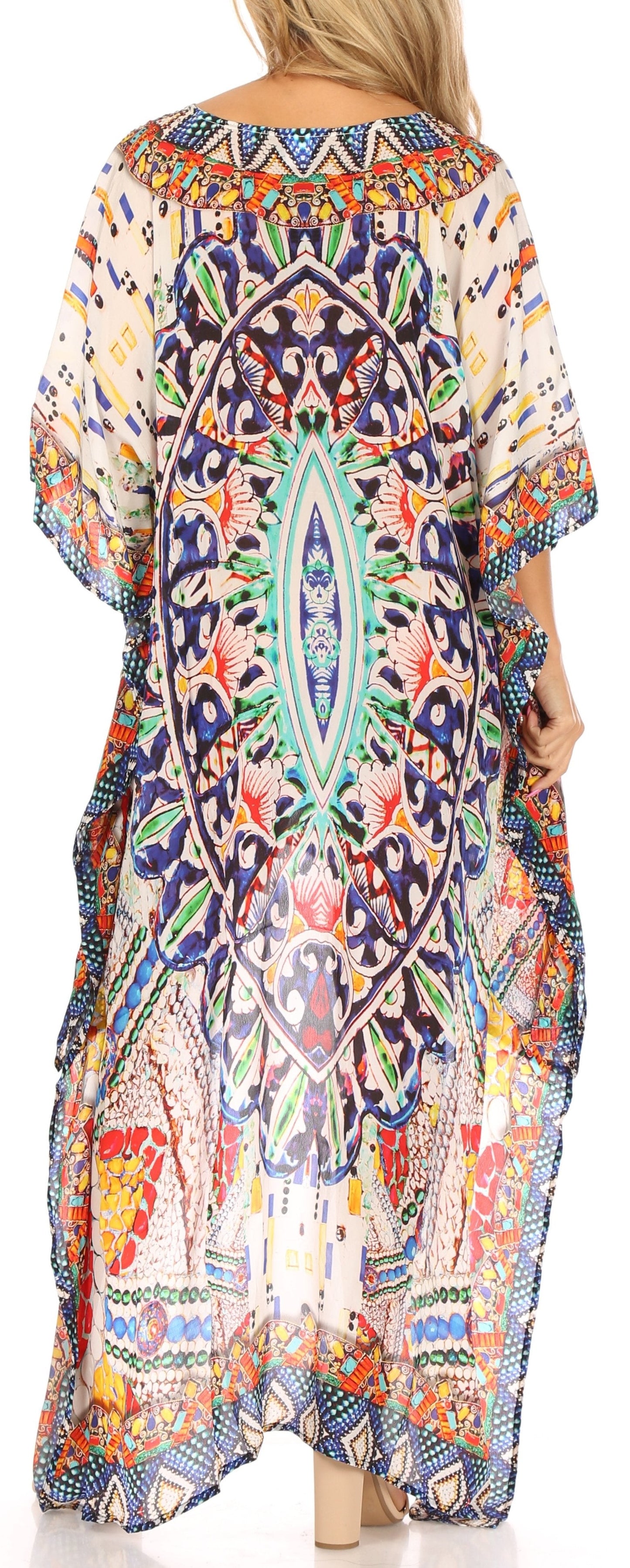 Sakkas Laisson Flowy Hi Low Caftan Rhinestone Boxy V Neck Dress Top Cover / Up - Concordia Style Boutique