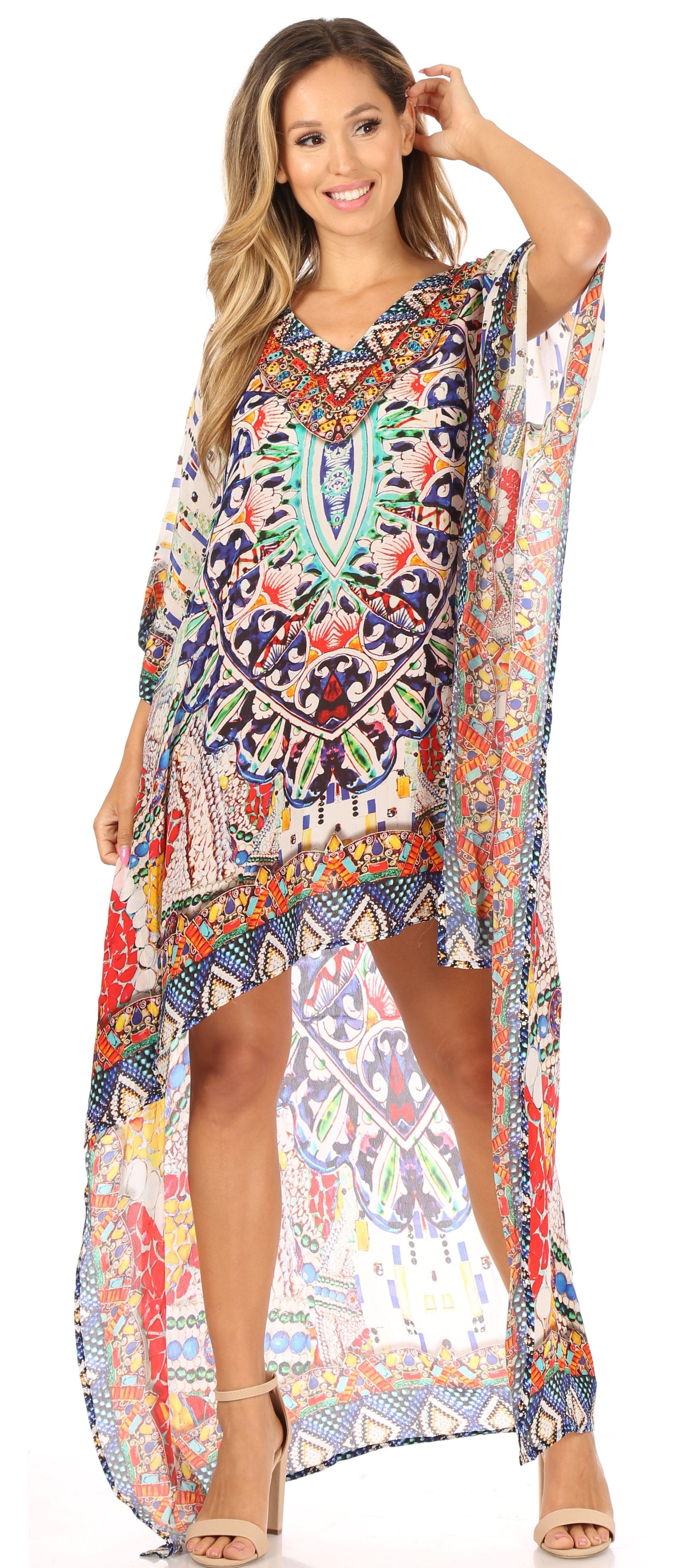 Sakkas Laisson Flowy Hi Low Caftan Rhinestone Boxy V Neck Dress Top Cover / Up - Concordia Style Boutique