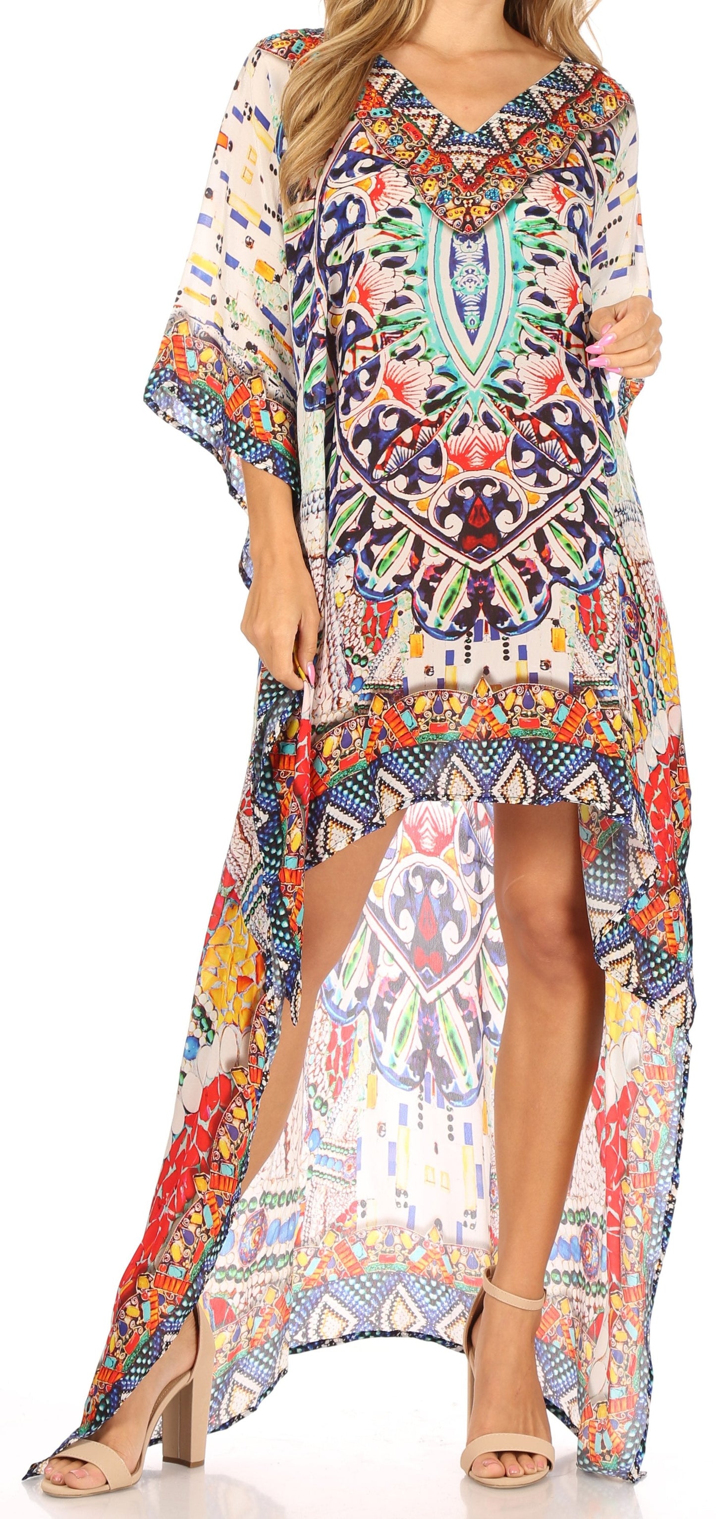 Sakkas Laisson Flowy Hi Low Caftan Rhinestone Boxy V Neck Dress Top Cover / Up - Concordia Style Boutique