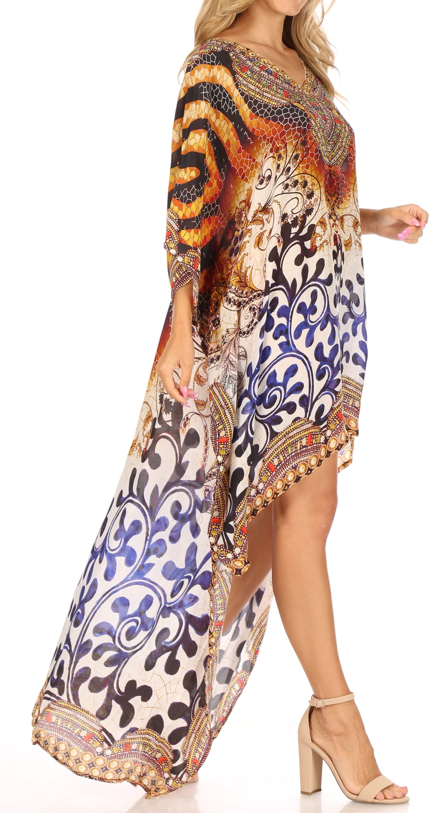 Sakkas Laisson Flowy Hi Low Caftan Rhinestone Boxy V Neck Dress Top Cover / Up - Concordia Style Boutique