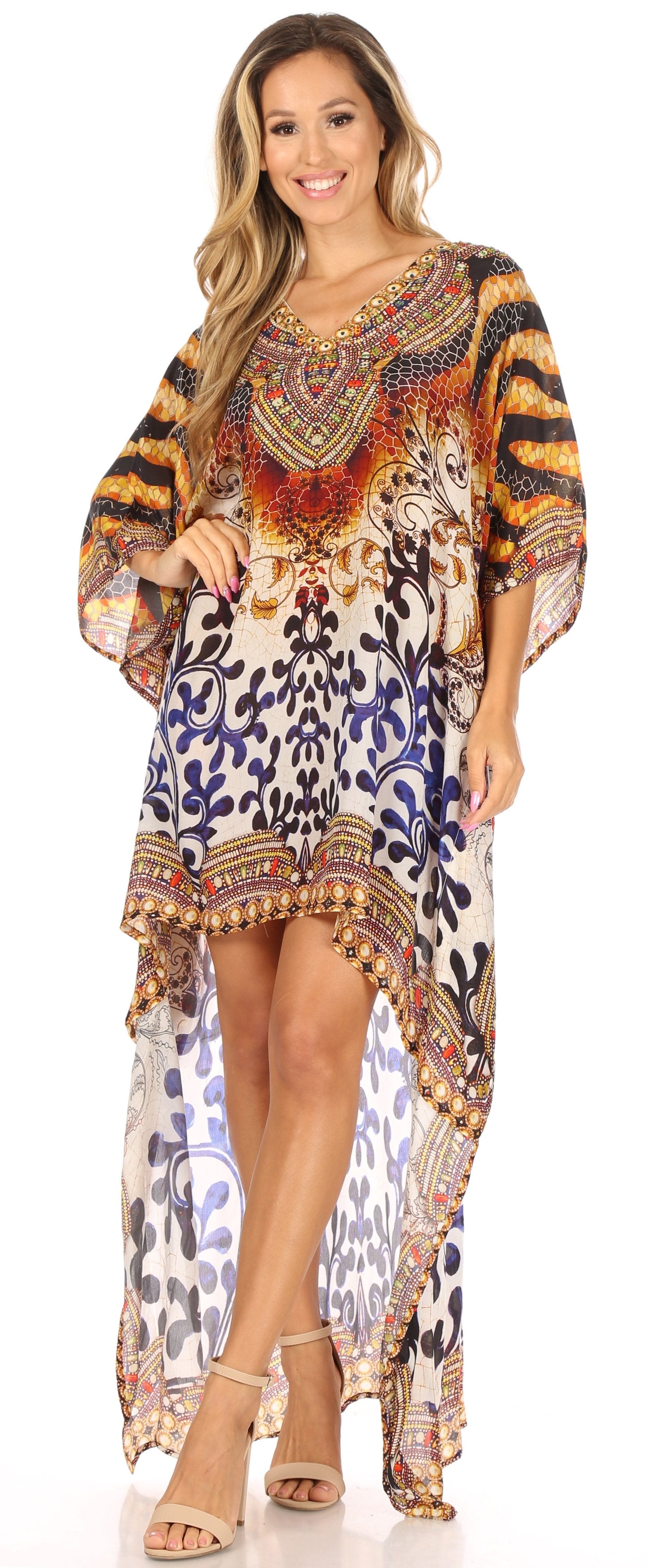 Sakkas Laisson Flowy Hi Low Caftan Rhinestone Boxy V Neck Dress Top Cover / Up - Concordia Style Boutique