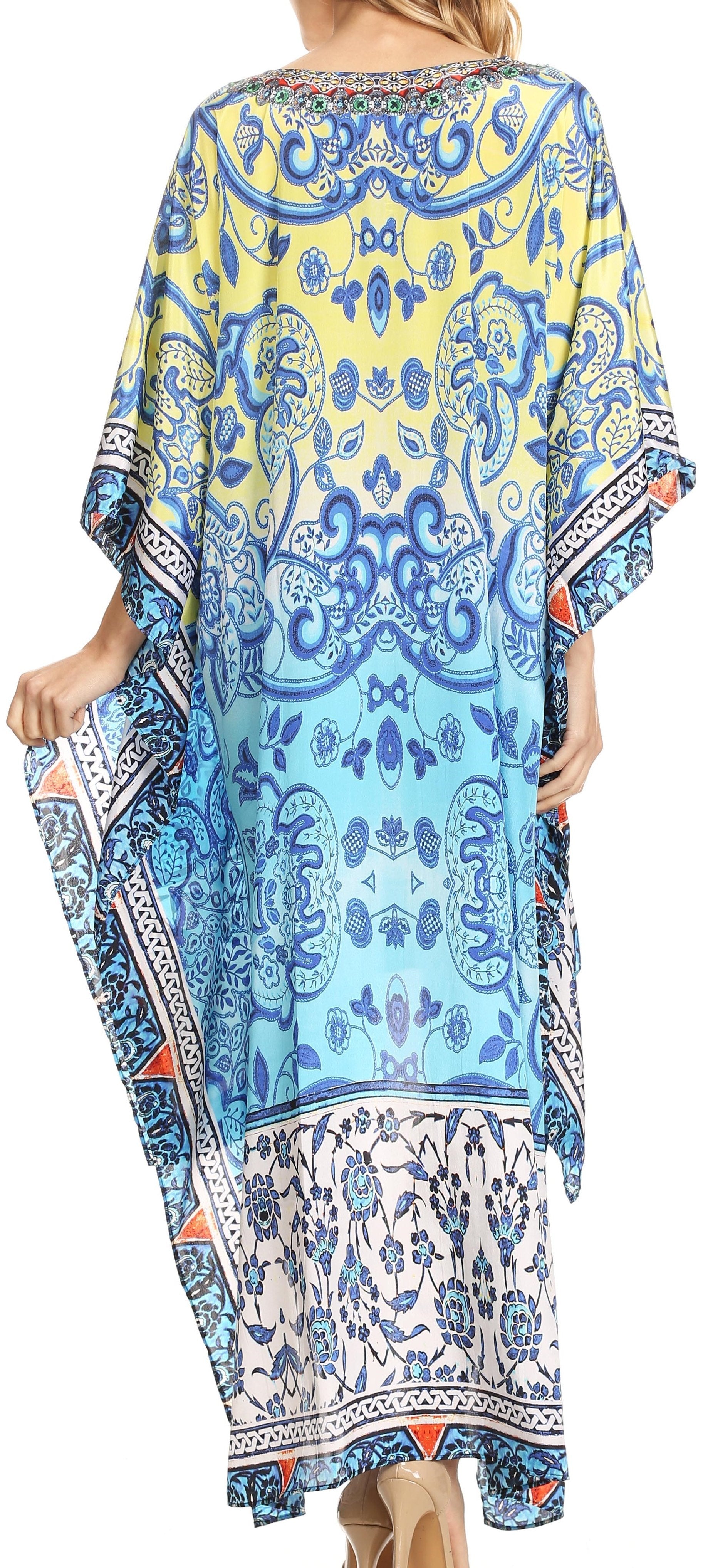 Sakkas Laisson Flowy Hi Low Caftan Rhinestone Boxy V Neck Dress Top Cover / Up - Concordia Style Boutique
