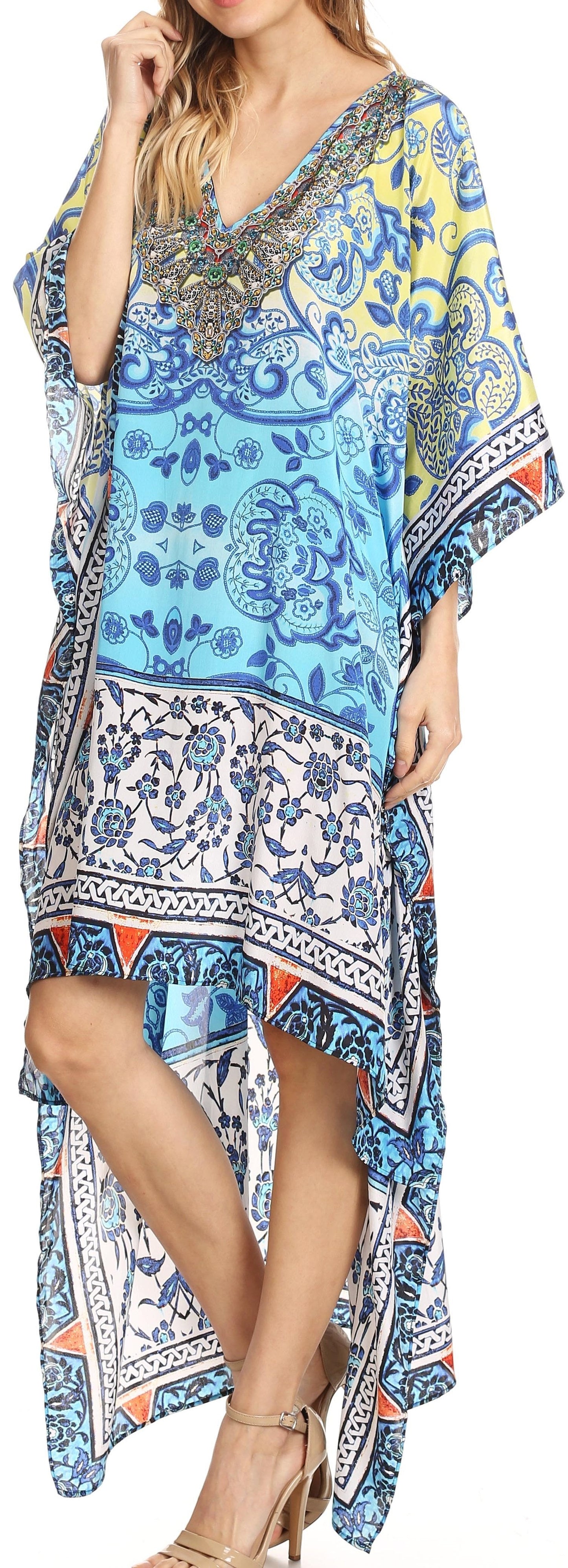 Sakkas Laisson Flowy Hi Low Caftan Rhinestone Boxy V Neck Dress Top Cover / Up - Concordia Style Boutique
