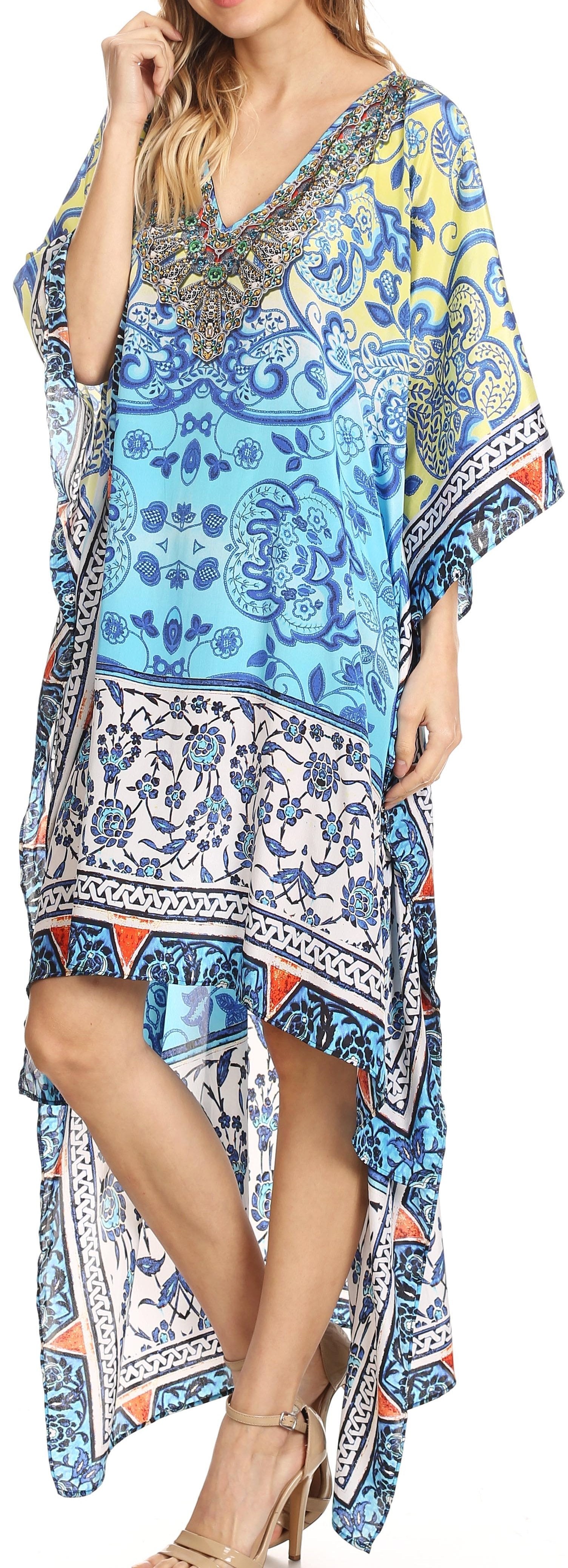 Sakkas Laisson Flowy Hi Low Caftan Rhinestone Boxy V Neck Dress Top Cover / Up - Concordia Style Boutique