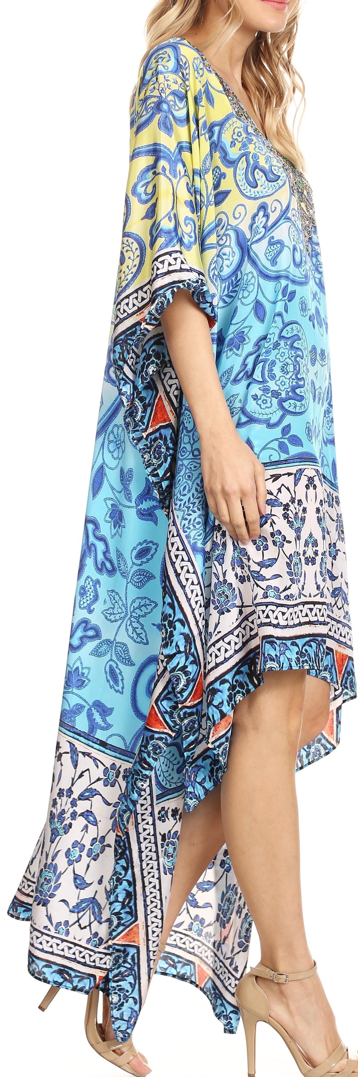 Sakkas Laisson Flowy Hi Low Caftan Rhinestone Boxy V Neck Dress Top Cover / Up - Concordia Style Boutique