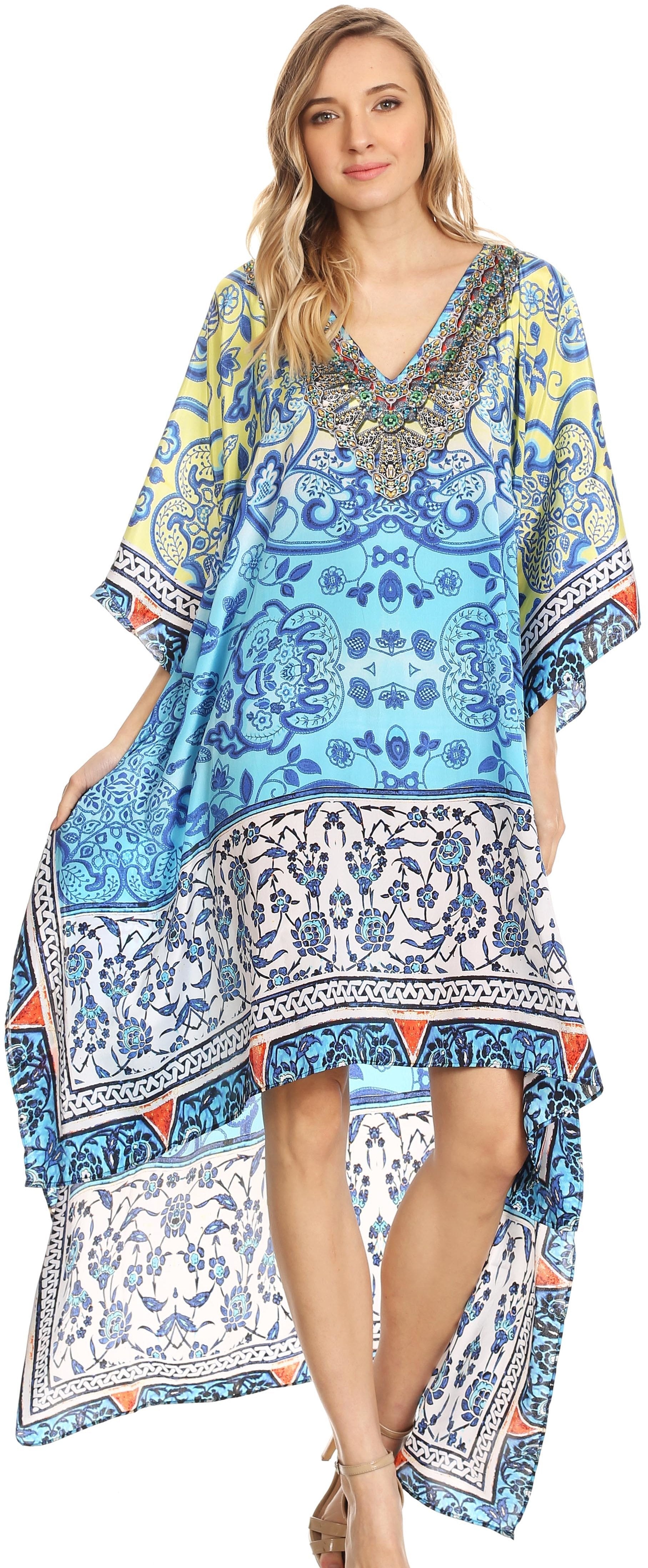 Sakkas Laisson Flowy Hi Low Caftan Rhinestone Boxy V Neck Dress Top Cover / Up - Concordia Style Boutique