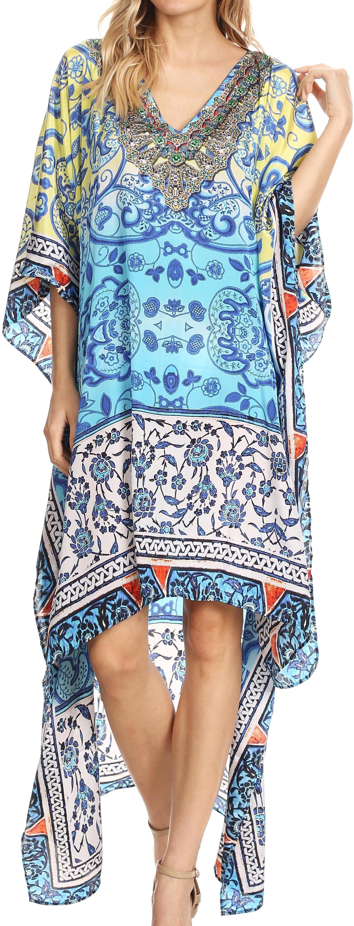 Sakkas Laisson Flowy Hi Low Caftan Rhinestone Boxy V Neck Dress Top Cover / Up - Concordia Style Boutique