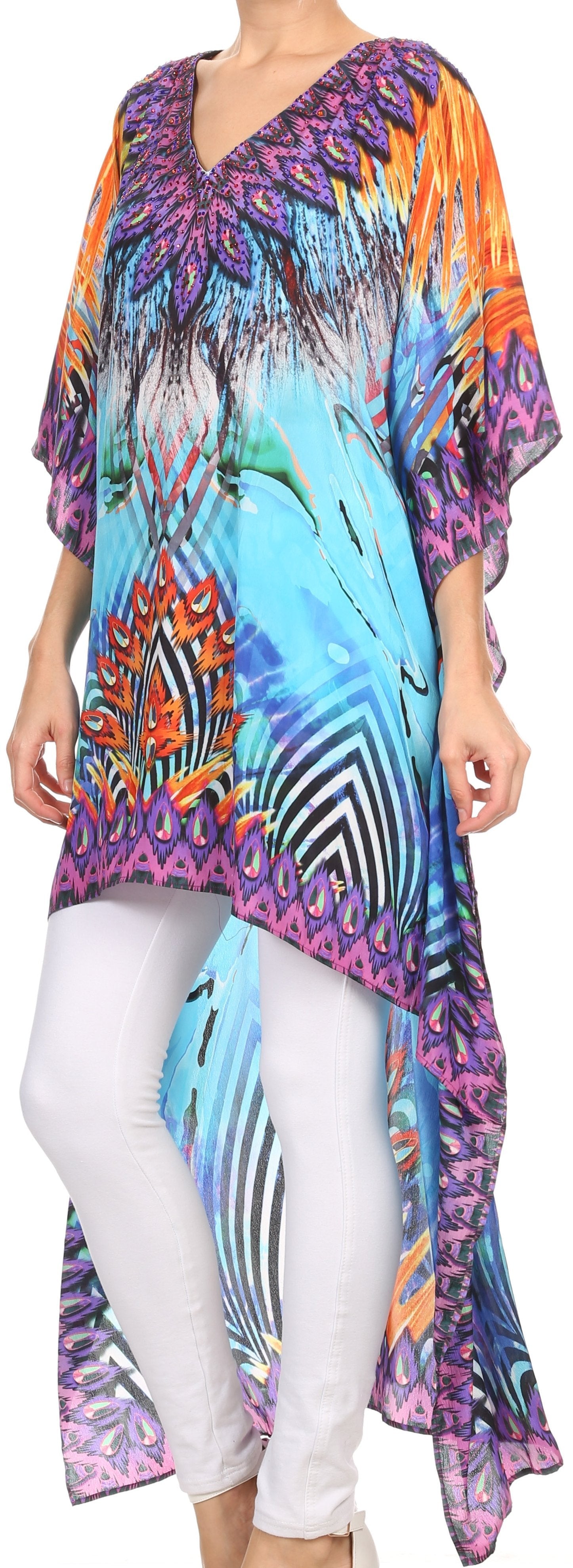 Sakkas Laisson Flowy Hi Low Caftan Rhinestone Boxy V Neck Dress Top Cover / Up - Concordia Style Boutique