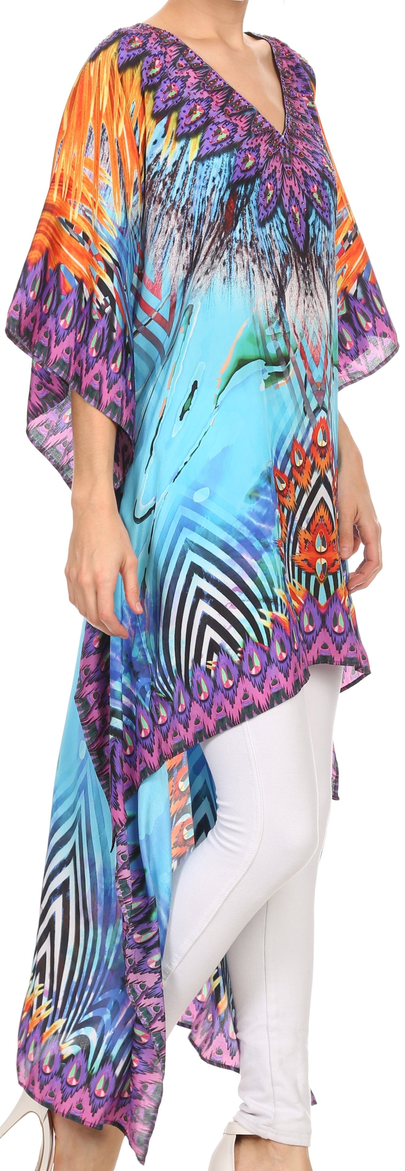 Sakkas Laisson Flowy Hi Low Caftan Rhinestone Boxy V Neck Dress Top Cover / Up - Concordia Style Boutique