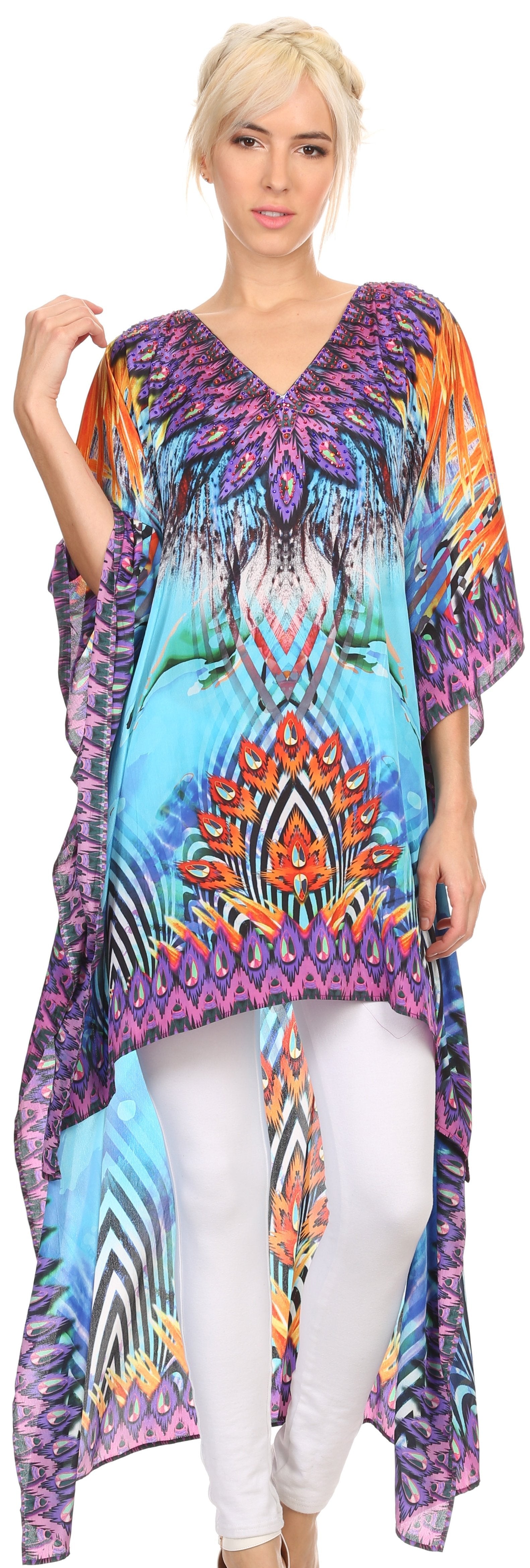 Sakkas Laisson Flowy Hi Low Caftan Rhinestone Boxy V Neck Dress Top Cover / Up - Concordia Style Boutique