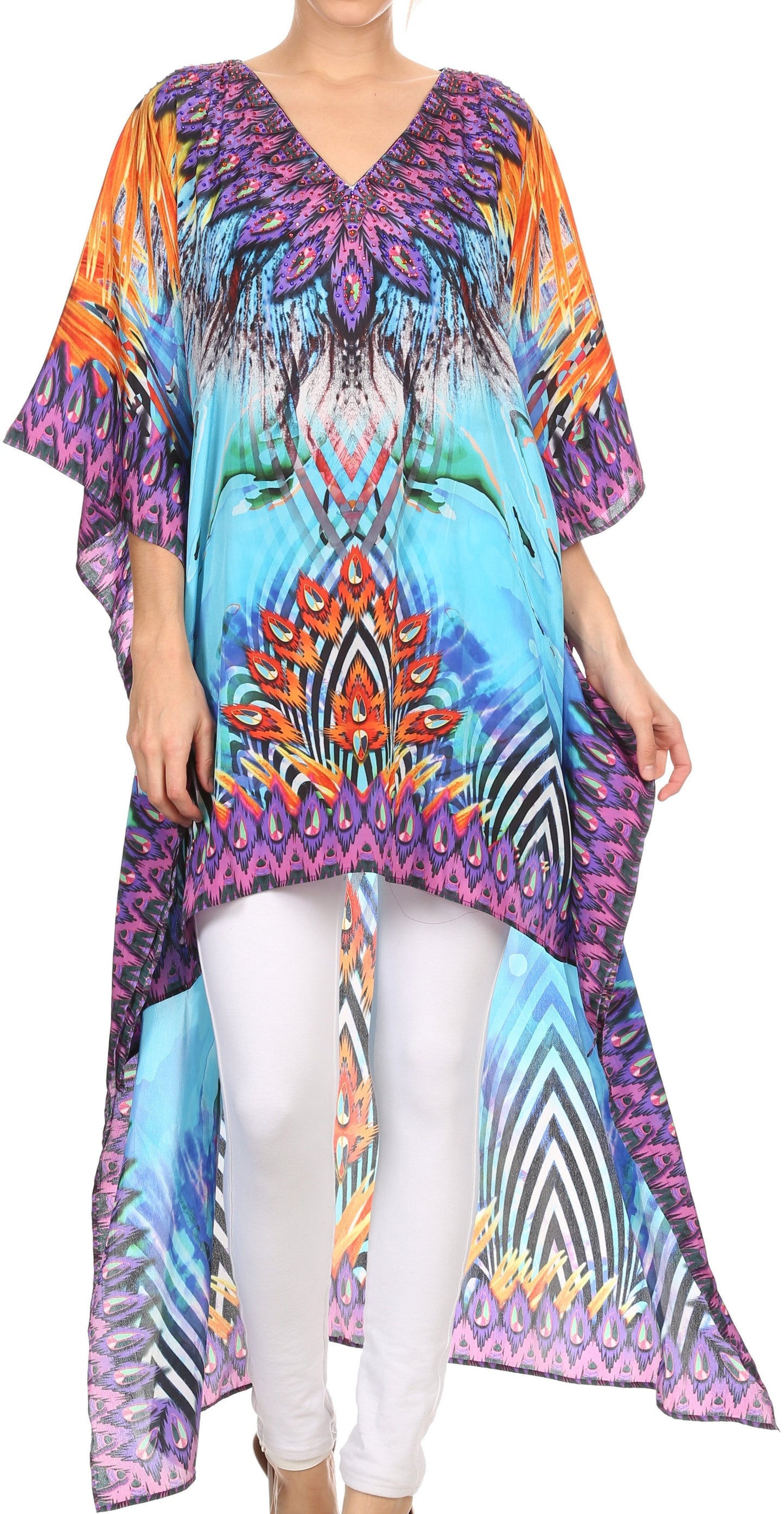 Sakkas Laisson Flowy Hi Low Caftan Rhinestone Boxy V Neck Dress Top Cover / Up - Concordia Style Boutique
