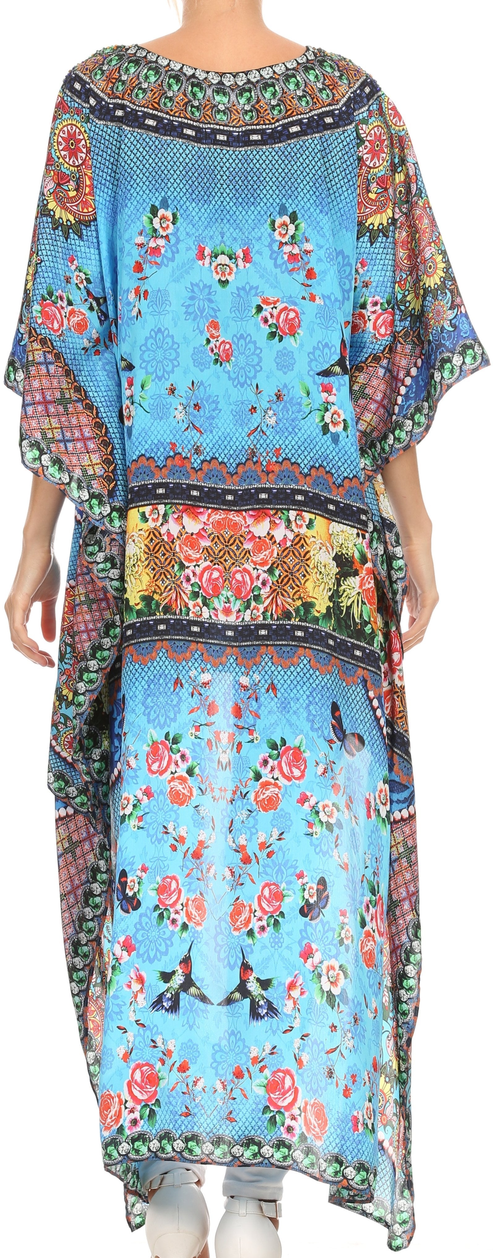 Sakkas Laisson Flowy Hi Low Caftan Rhinestone Boxy V Neck Dress Top Cover / Up - Concordia Style Boutique