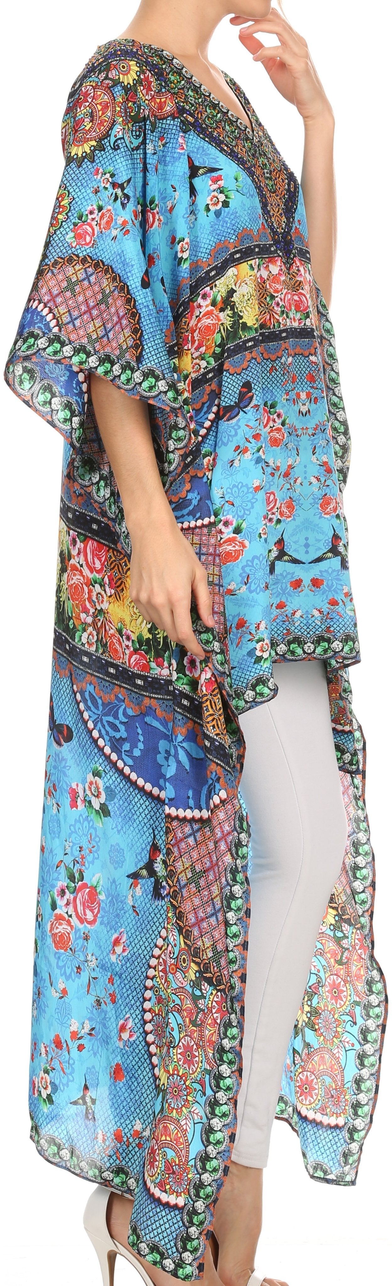 Sakkas Laisson Flowy Hi Low Caftan Rhinestone Boxy V Neck Dress Top Cover / Up - Concordia Style Boutique