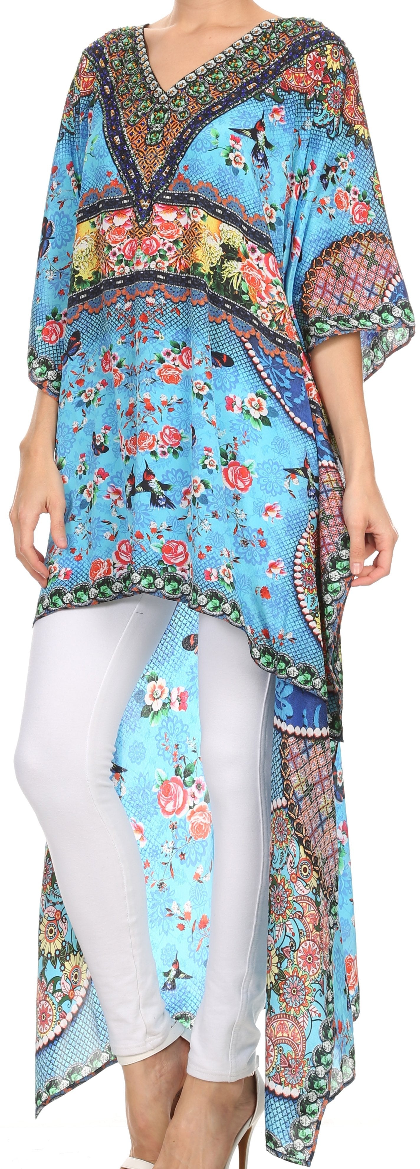 Sakkas Laisson Flowy Hi Low Caftan Rhinestone Boxy V Neck Dress Top Cover / Up - Concordia Style Boutique