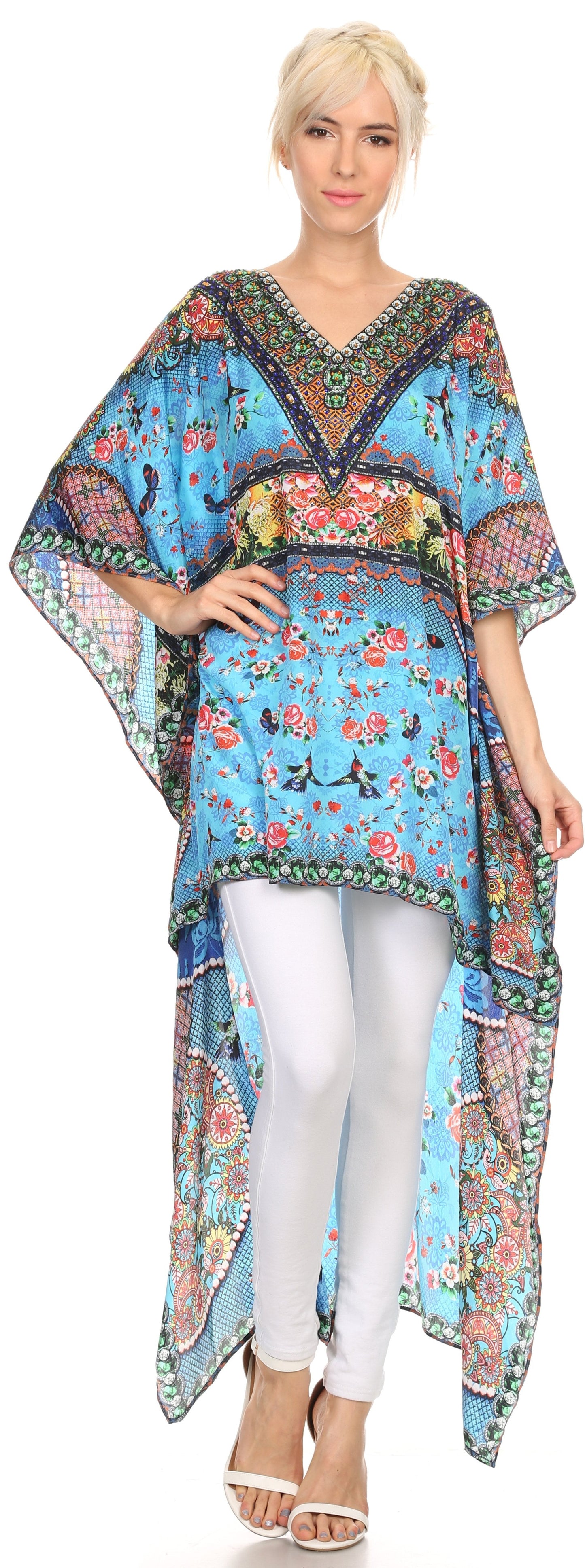 Sakkas Laisson Flowy Hi Low Caftan Rhinestone Boxy V Neck Dress Top Cover / Up - Concordia Style Boutique