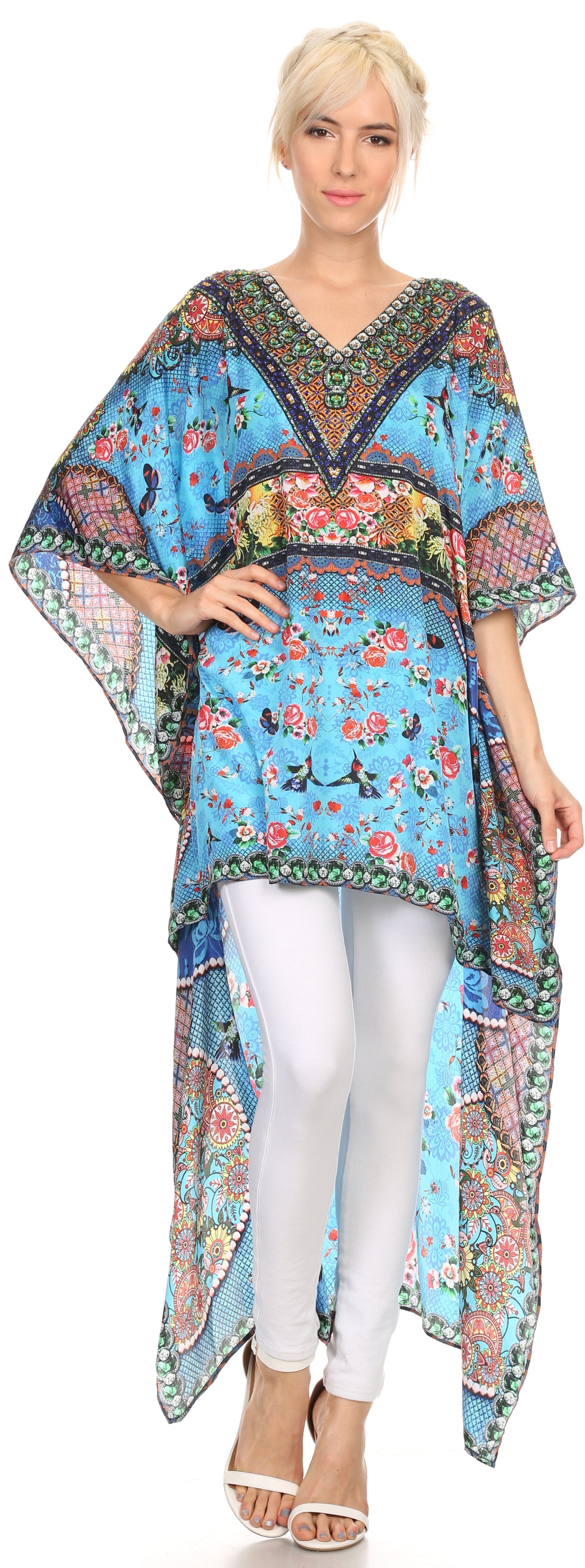 Sakkas Laisson Flowy Hi Low Caftan Rhinestone Boxy V Neck Dress Top Cover / Up - Concordia Style Boutique