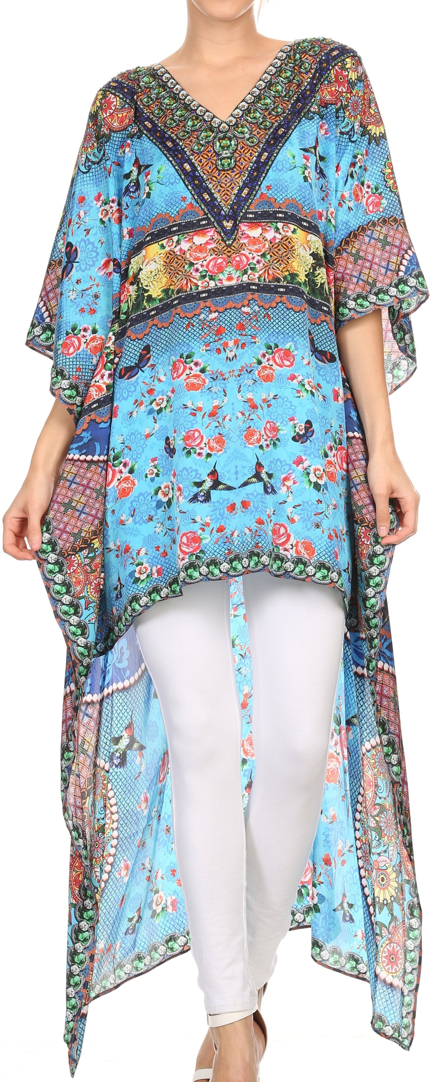 Sakkas Laisson Flowy Hi Low Caftan Rhinestone Boxy V Neck Dress Top Cover / Up - Concordia Style Boutique