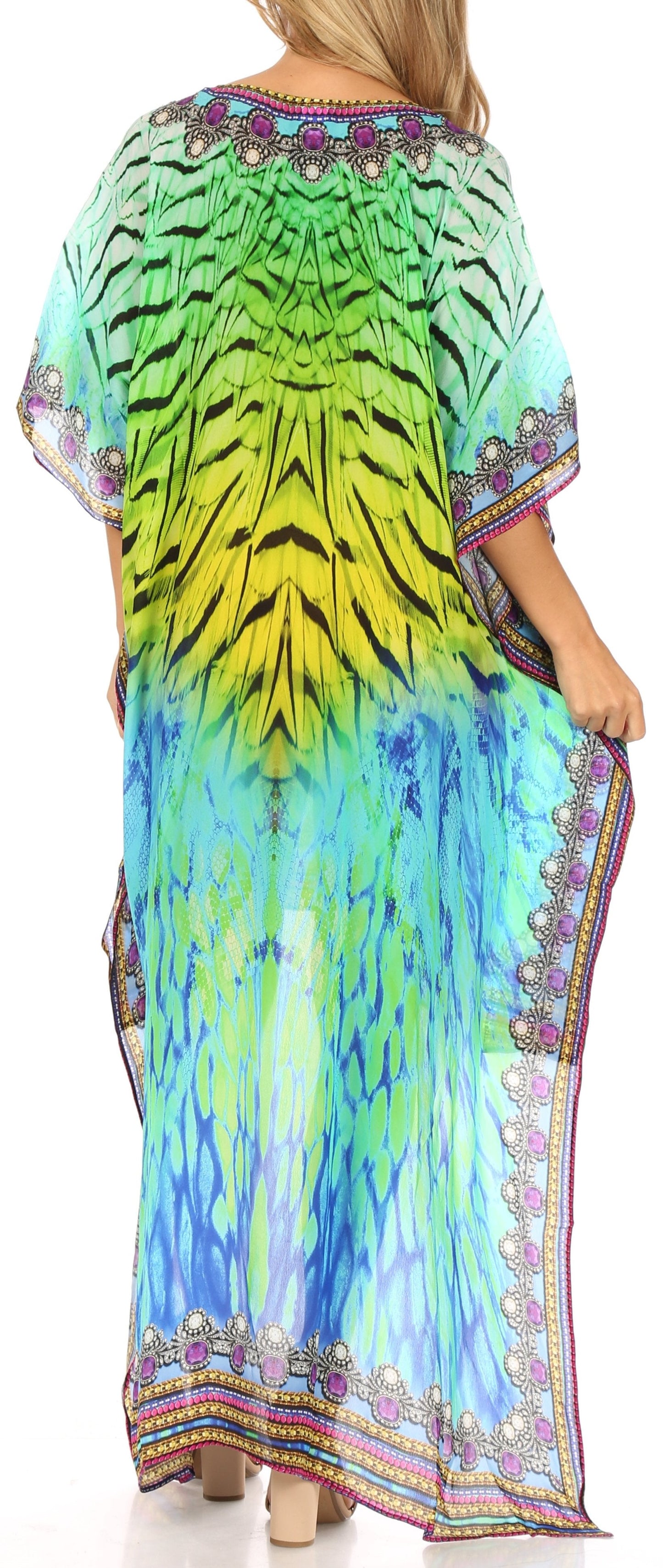 Sakkas Laisson Flowy Hi Low Caftan Rhinestone Boxy V Neck Dress Top Cover / Up - Concordia Style Boutique