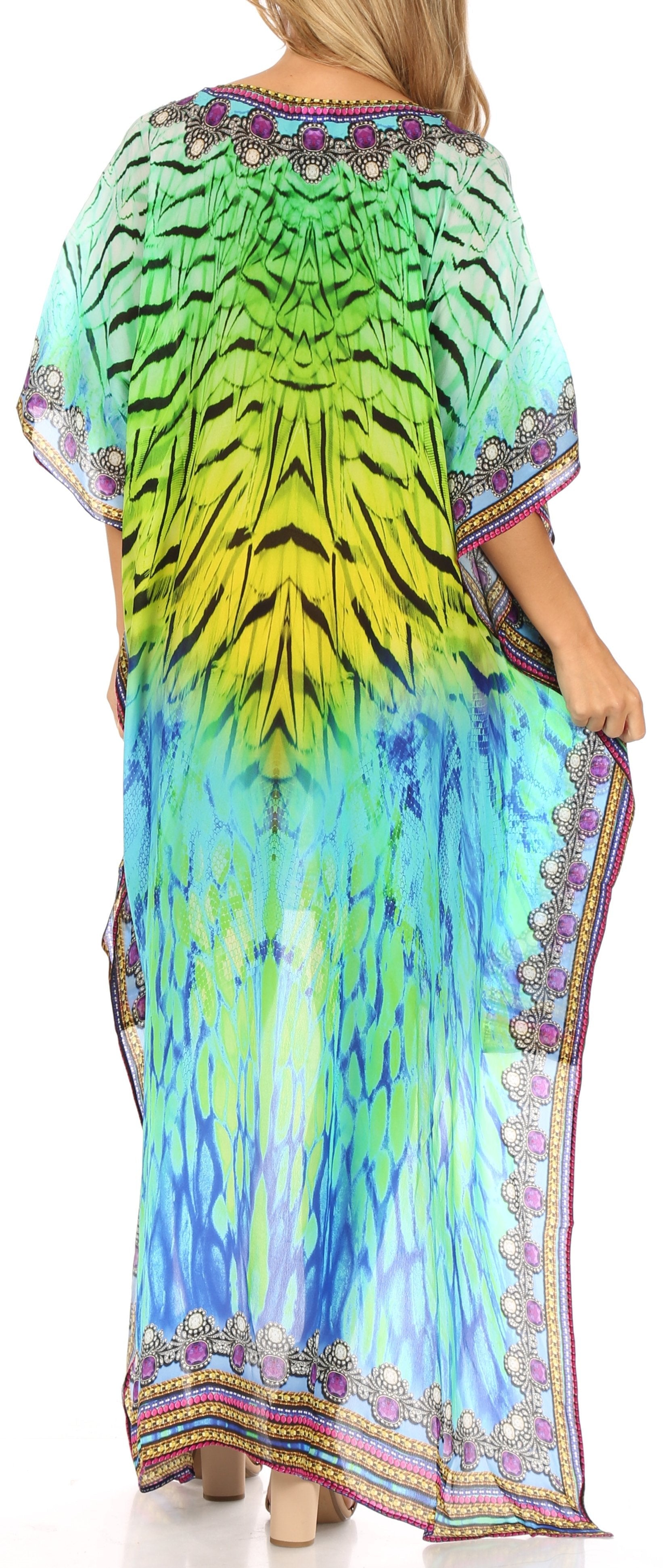 Sakkas Laisson Flowy Hi Low Caftan Rhinestone Boxy V Neck Dress Top Cover / Up - Concordia Style Boutique