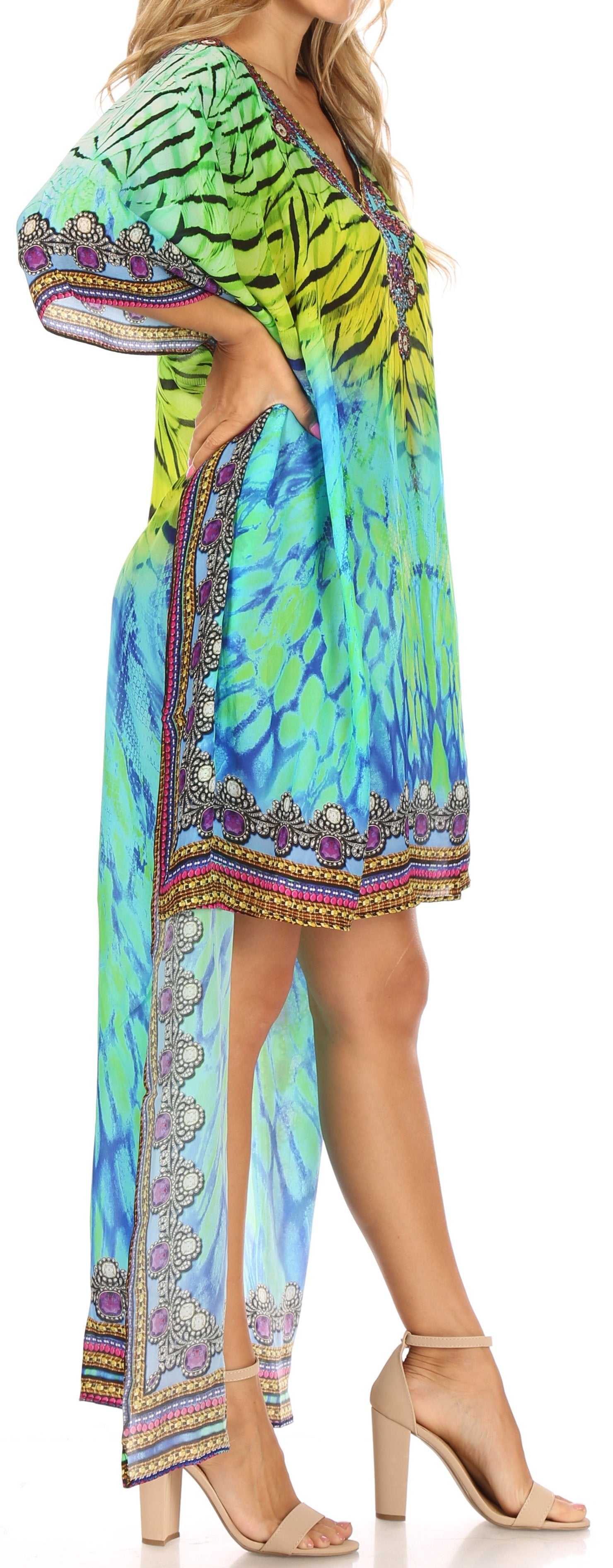 Sakkas Laisson Flowy Hi Low Caftan Rhinestone Boxy V Neck Dress Top Cover / Up - Concordia Style Boutique