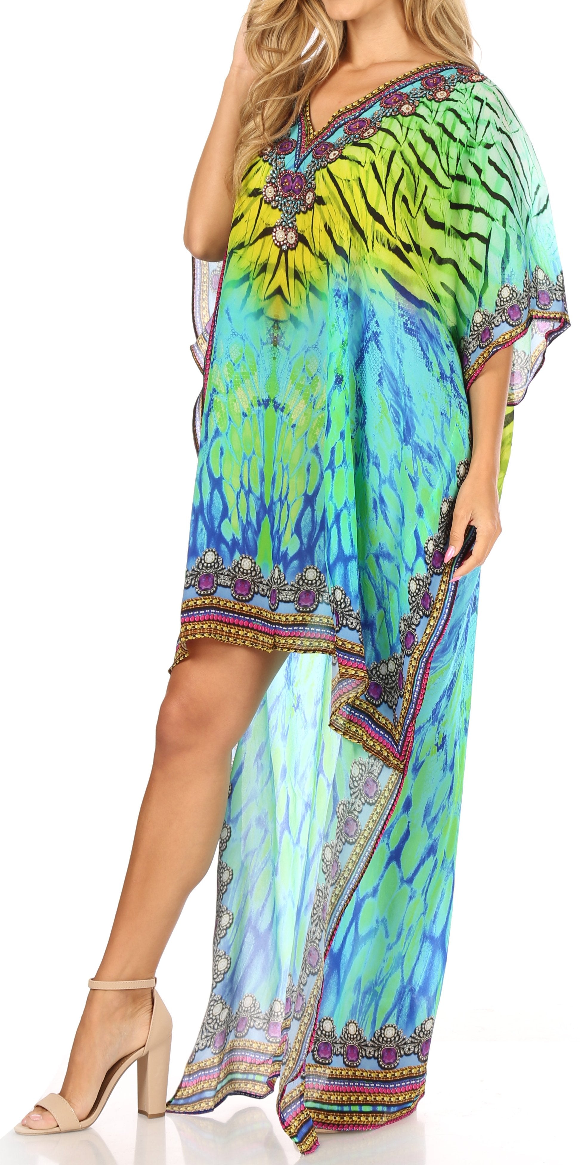 Sakkas Laisson Flowy Hi Low Caftan Rhinestone Boxy V Neck Dress Top Cover / Up - Concordia Style Boutique