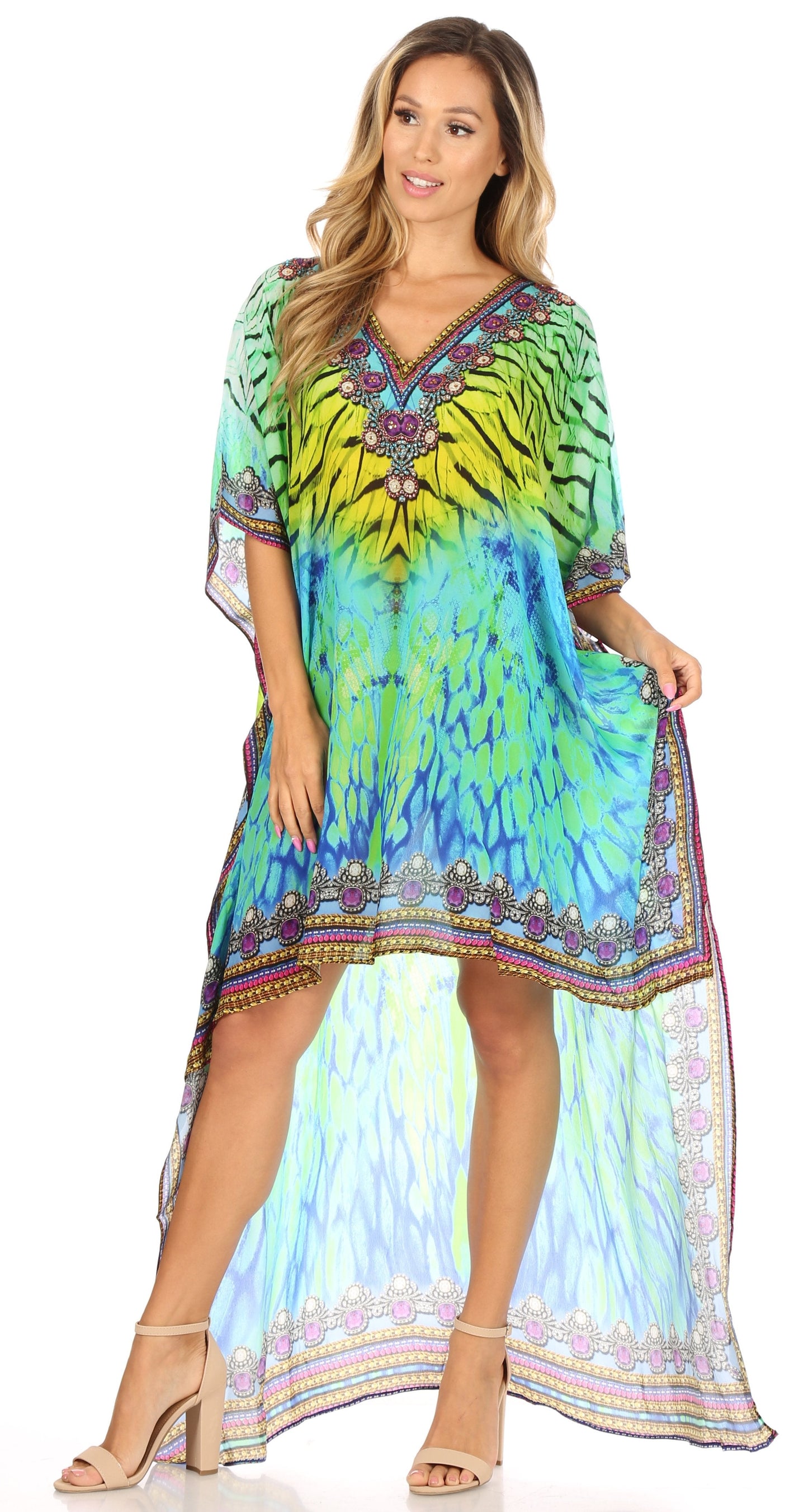 Sakkas Laisson Flowy Hi Low Caftan Rhinestone Boxy V Neck Dress Top Cover / Up - Concordia Style Boutique