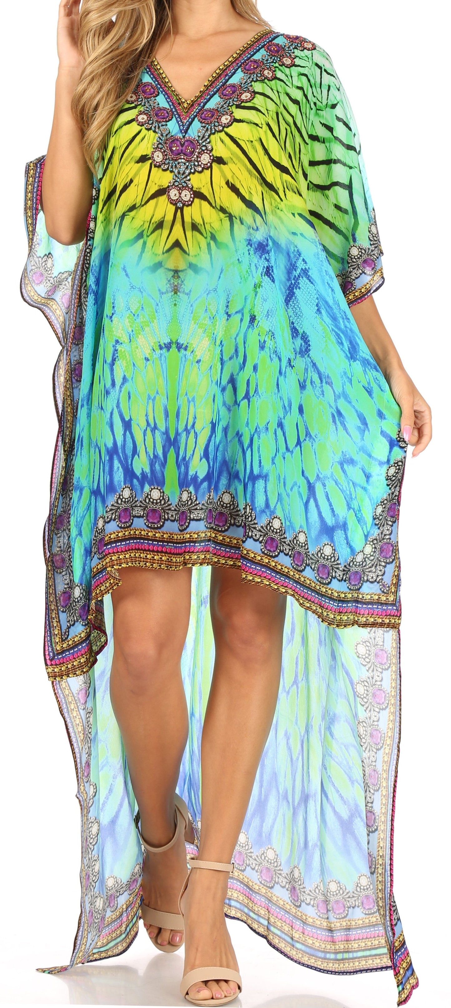 Sakkas Laisson Flowy Hi Low Caftan Rhinestone Boxy V Neck Dress Top Cover / Up - Concordia Style Boutique