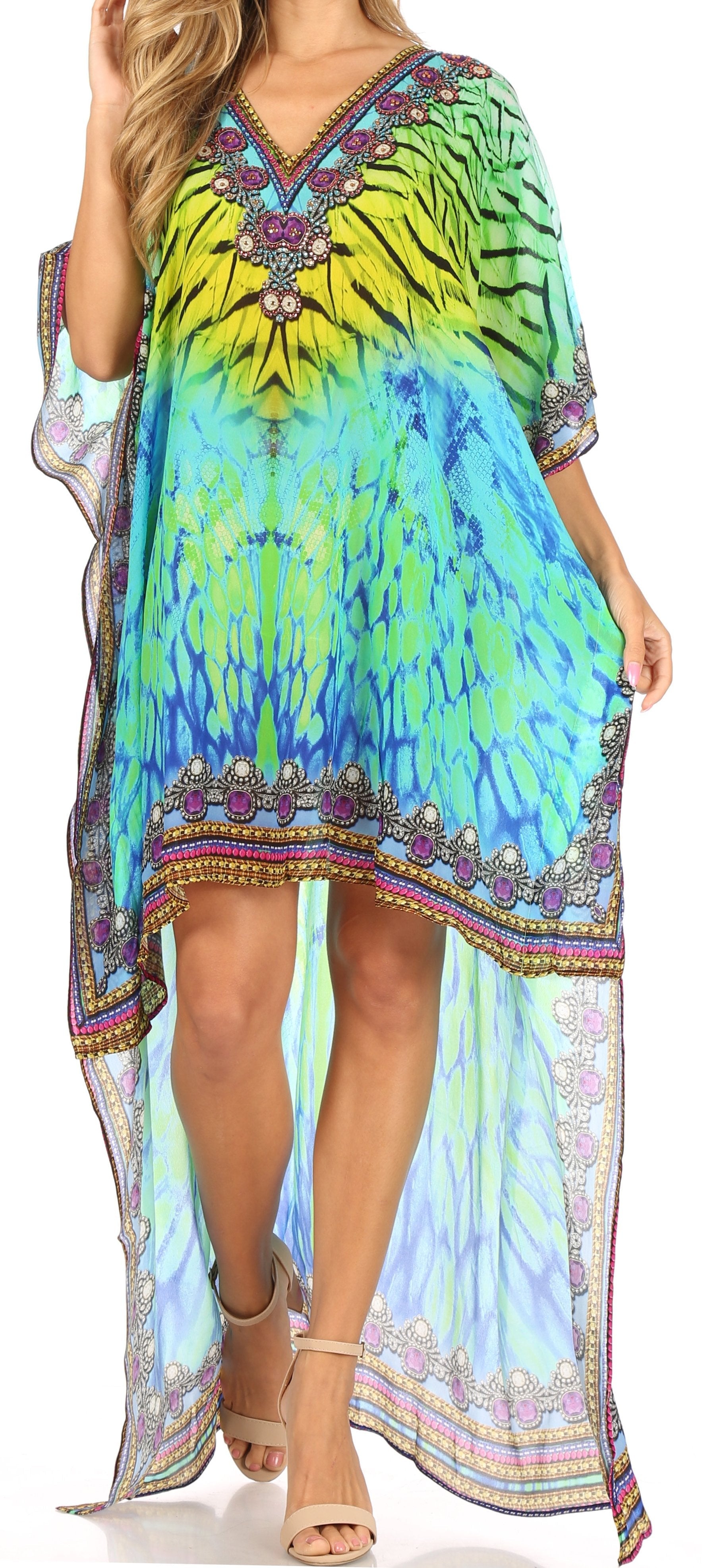 Sakkas Laisson Flowy Hi Low Caftan Rhinestone Boxy V Neck Dress Top Cover / Up - Concordia Style Boutique