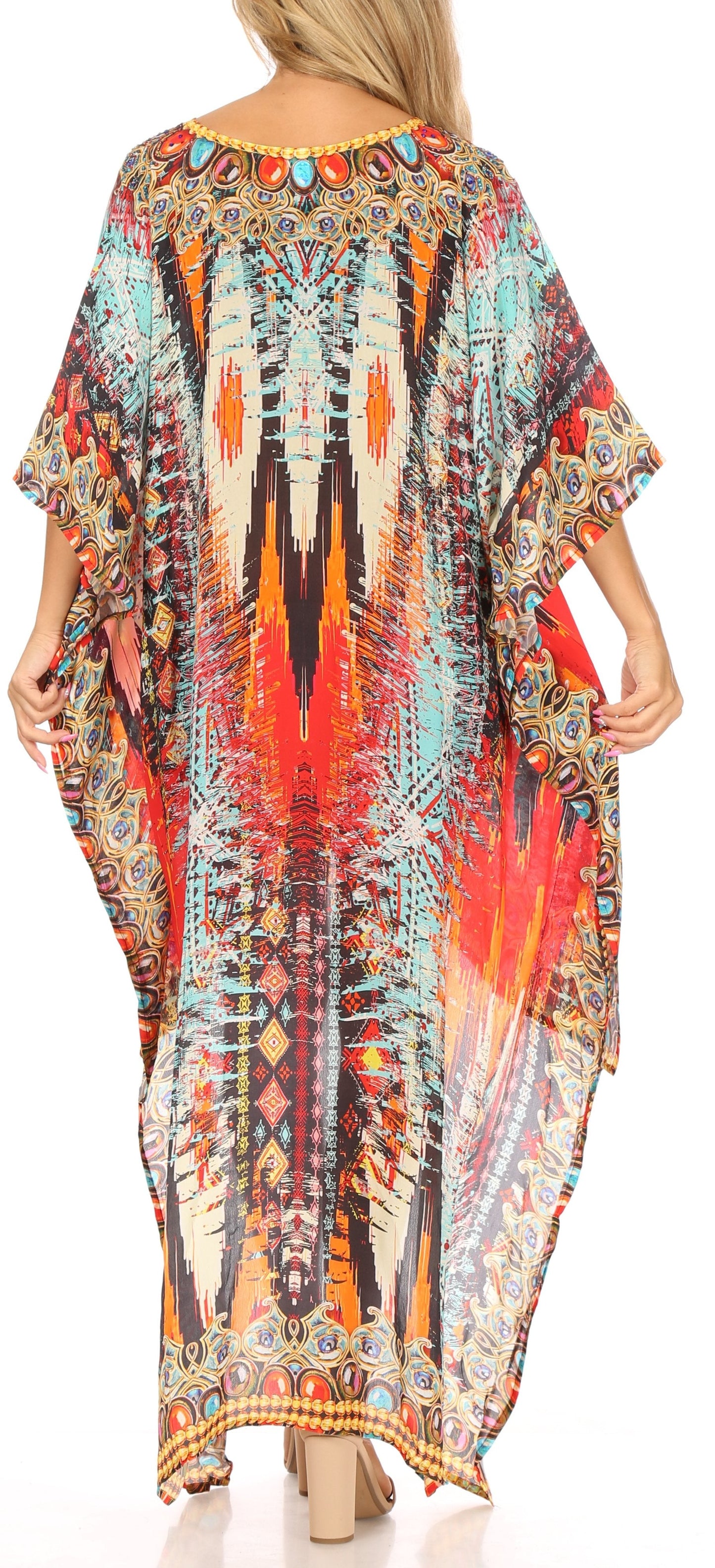 Sakkas Laisson Flowy Hi Low Caftan Rhinestone Boxy V Neck Dress Top Cover / Up - Concordia Style Boutique