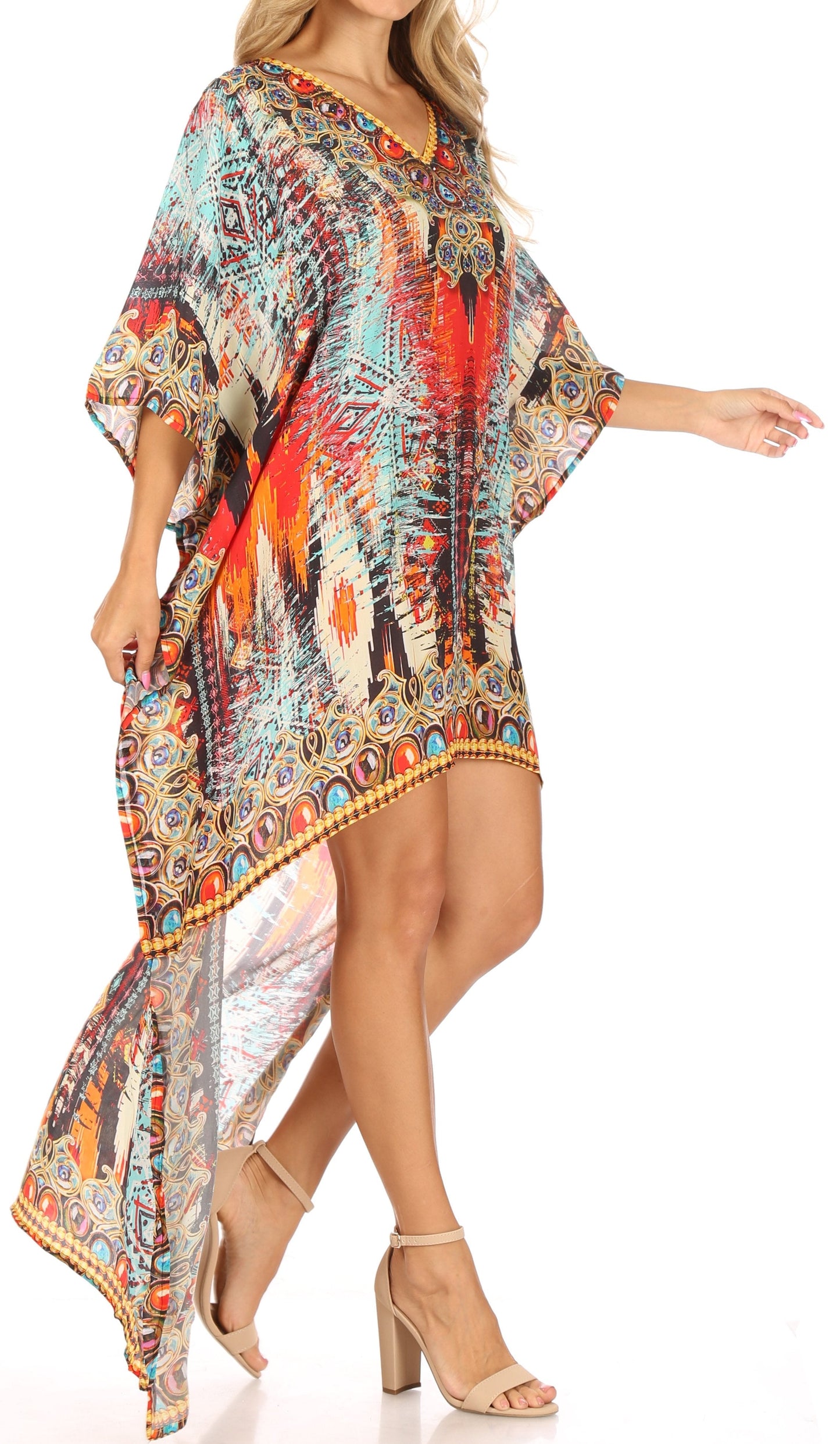Sakkas Laisson Flowy Hi Low Caftan Rhinestone Boxy V Neck Dress Top Cover / Up - Concordia Style Boutique