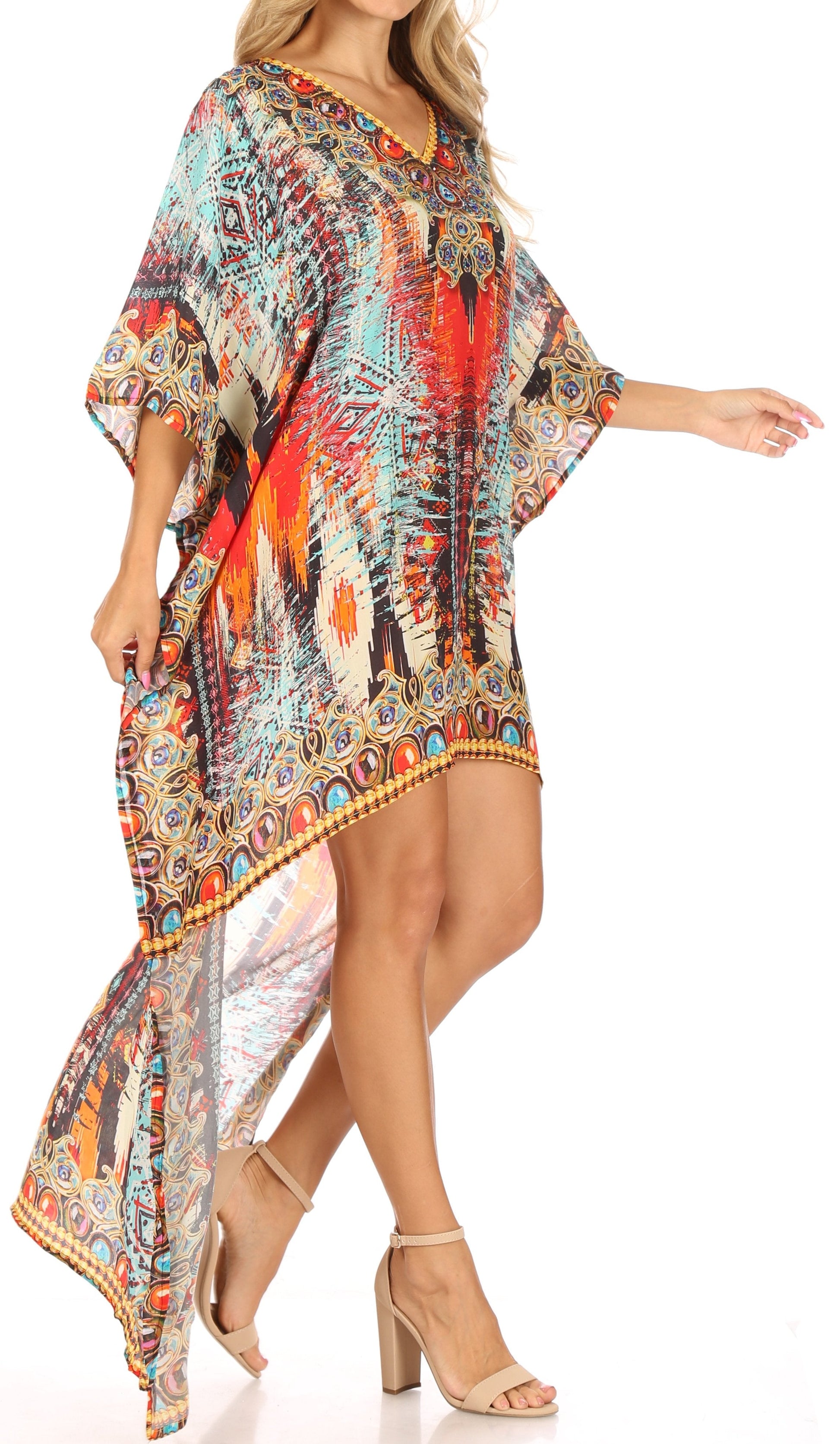 Sakkas Laisson Flowy Hi Low Caftan Rhinestone Boxy V Neck Dress Top Cover / Up - Concordia Style Boutique