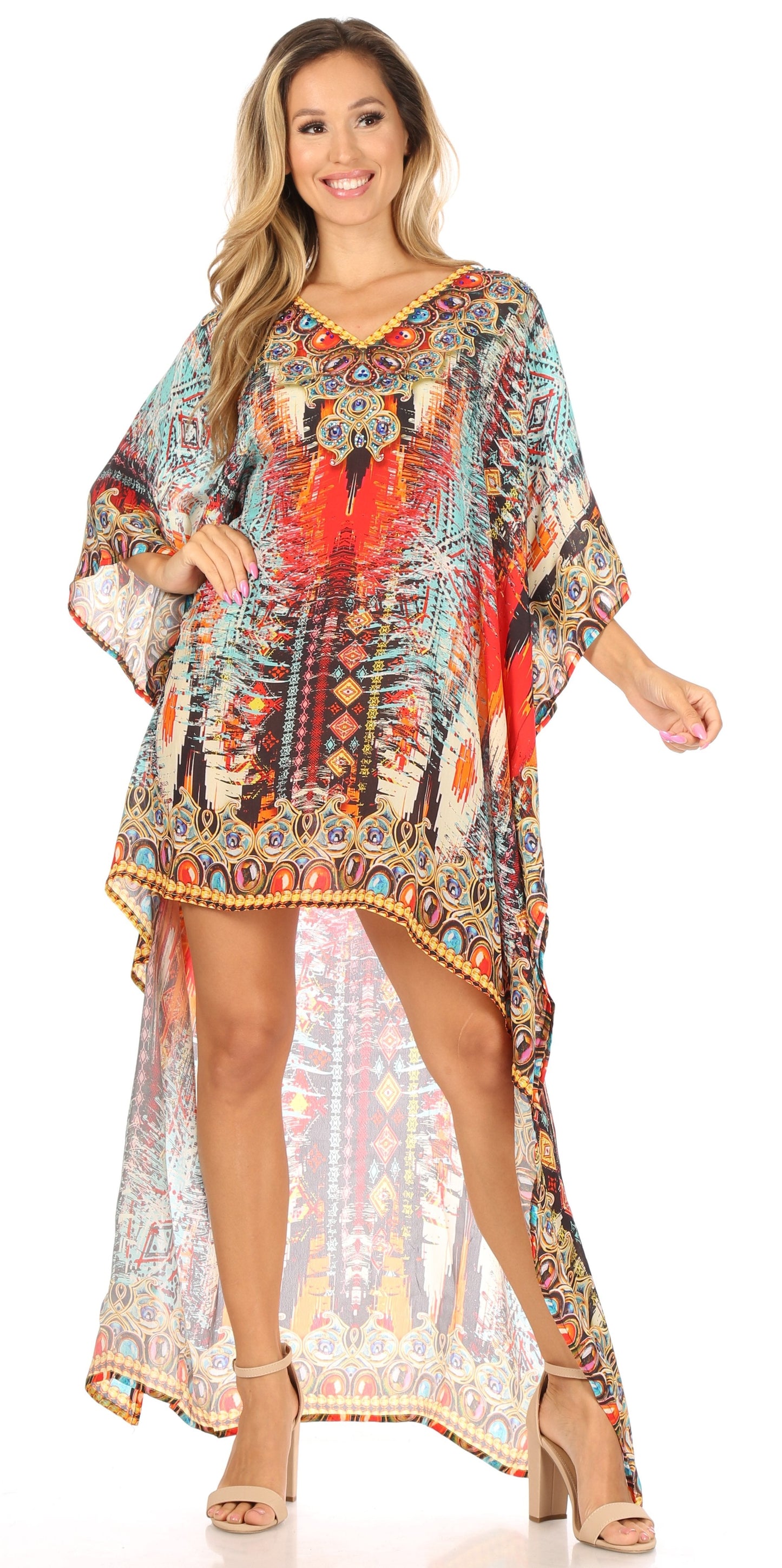 Sakkas Laisson Flowy Hi Low Caftan Rhinestone Boxy V Neck Dress Top Cover / Up - Concordia Style Boutique