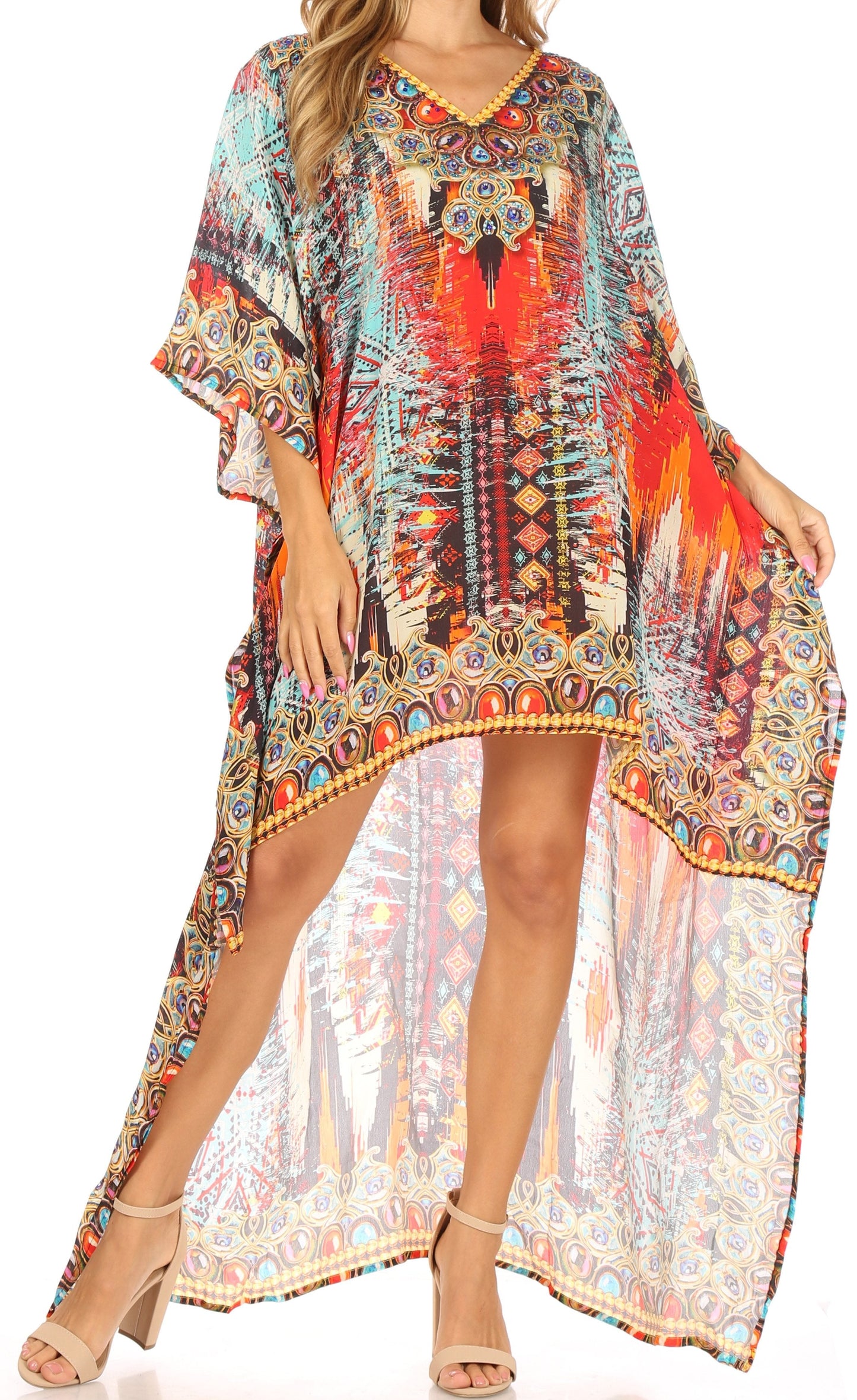 Sakkas Laisson Flowy Hi Low Caftan Rhinestone Boxy V Neck Dress Top Cover / Up - Concordia Style Boutique