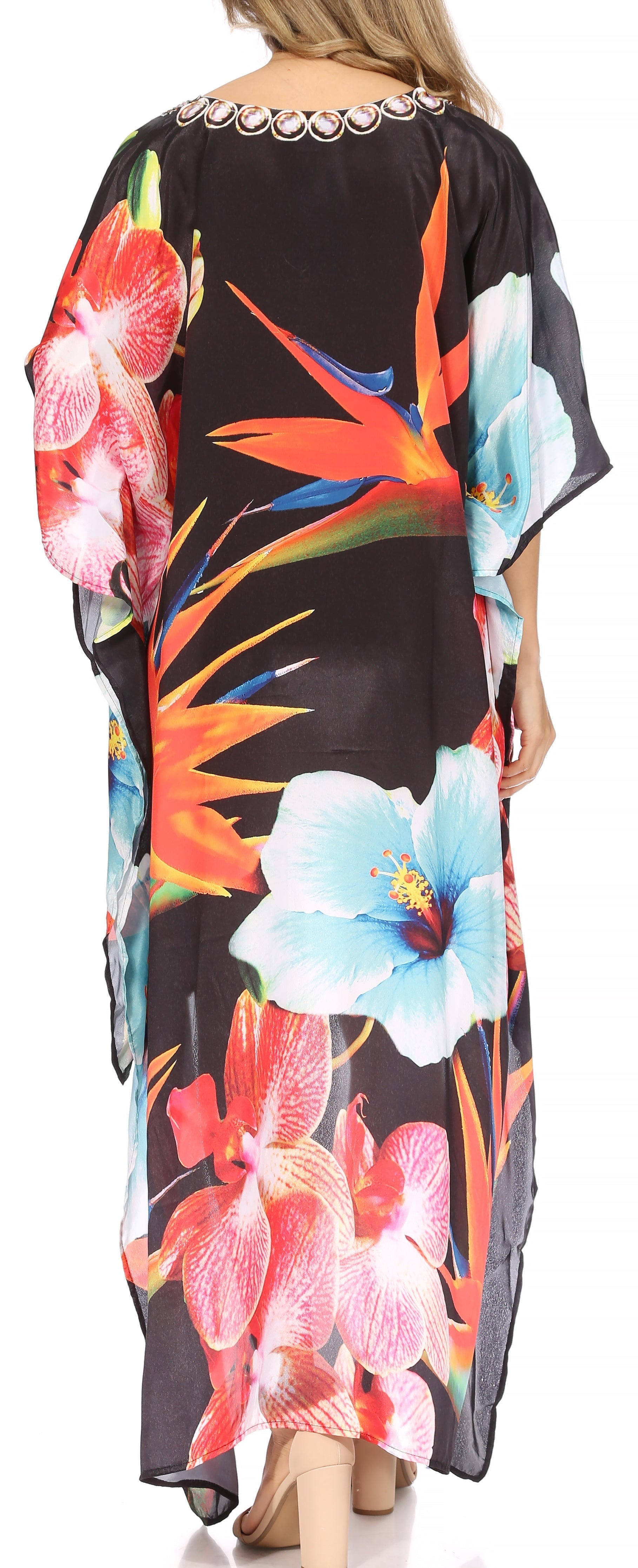 Sakkas Laisson Flowy Hi Low Caftan Rhinestone Boxy V Neck Dress Top Cover / Up - Concordia Style Boutique