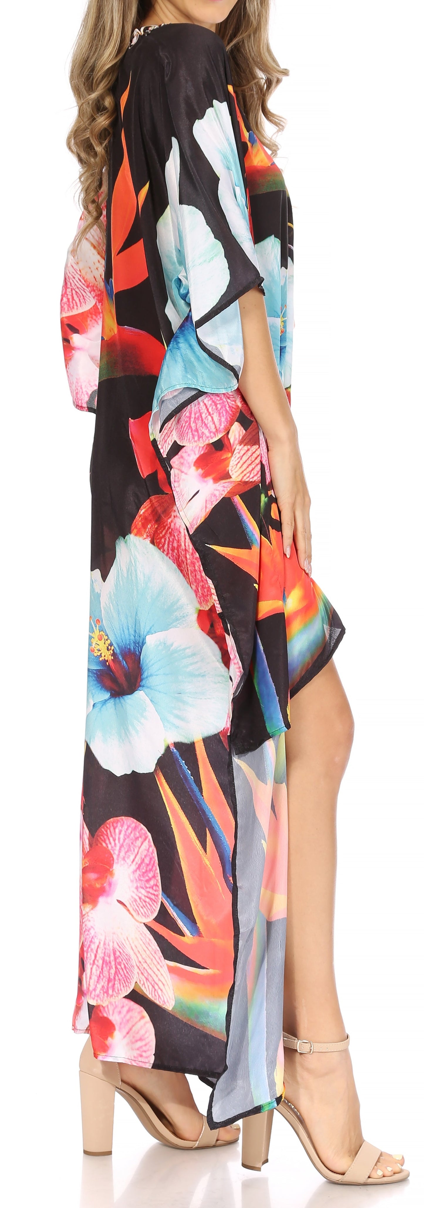 Sakkas Laisson Flowy Hi Low Caftan Rhinestone Boxy V Neck Dress Top Cover / Up - Concordia Style Boutique
