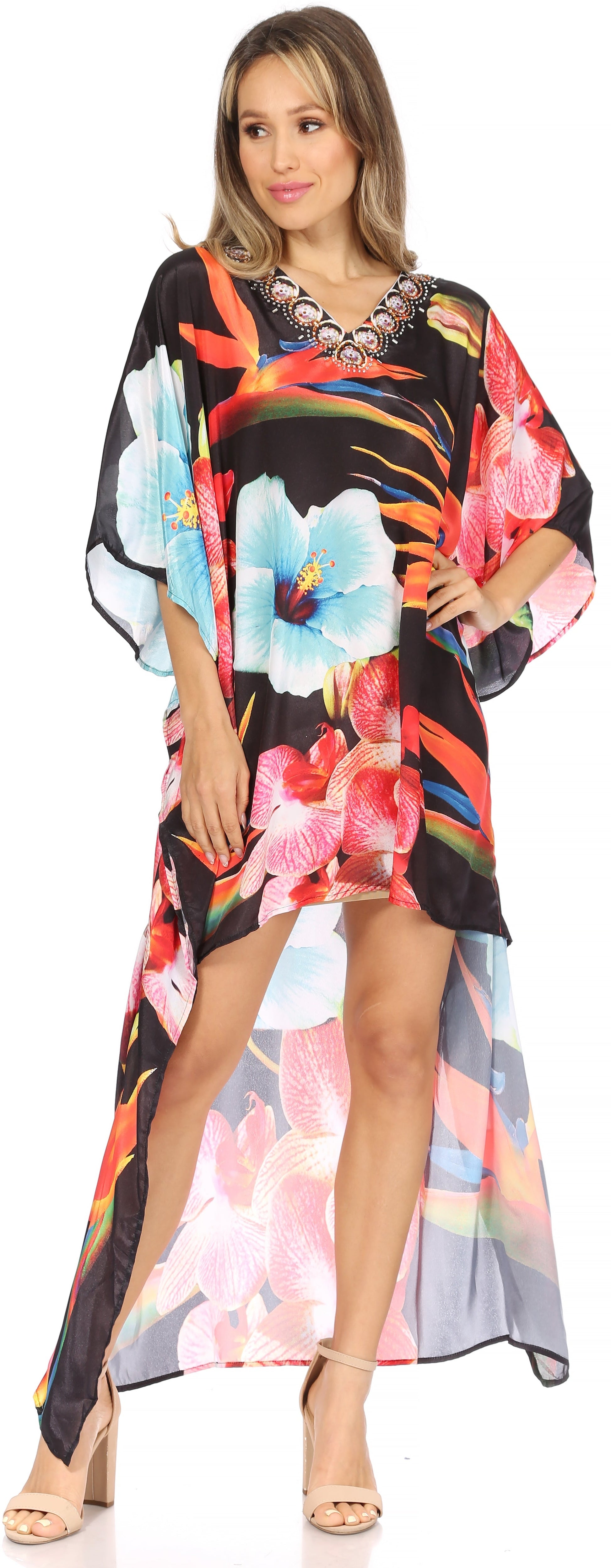 Sakkas Laisson Flowy Hi Low Caftan Rhinestone Boxy V Neck Dress Top Cover / Up - Concordia Style Boutique