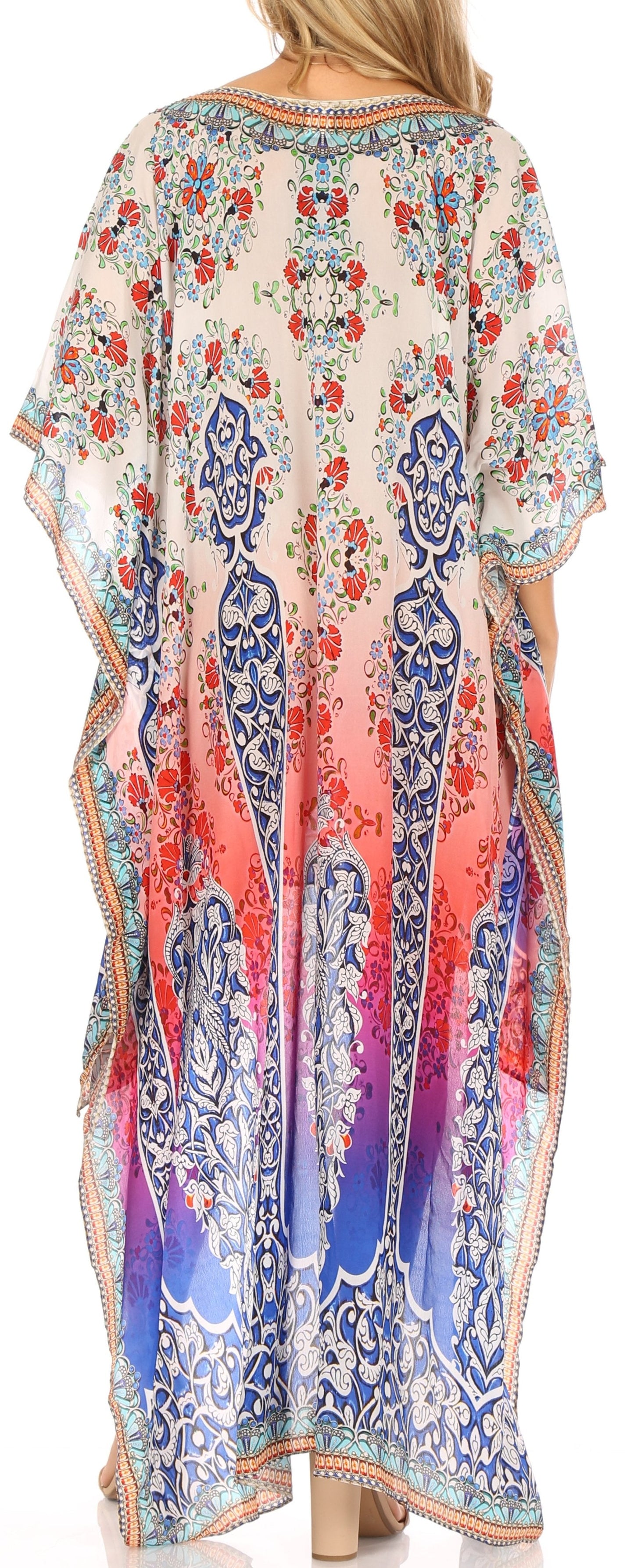 Sakkas Laisson Flowy Hi Low Caftan Rhinestone Boxy V Neck Dress Top Cover / Up - Concordia Style Boutique