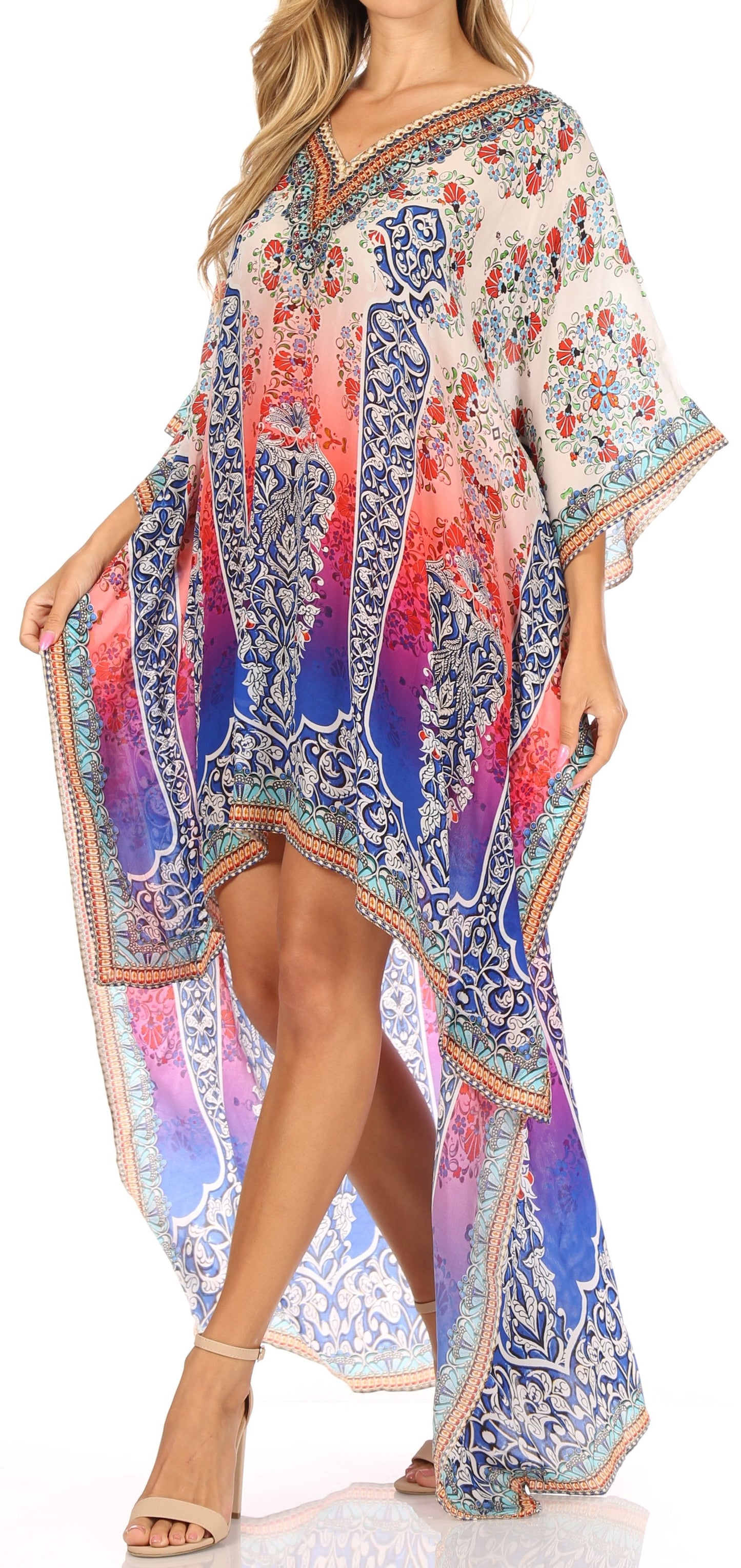 Sakkas Laisson Flowy Hi Low Caftan Rhinestone Boxy V Neck Dress Top Cover / Up - Concordia Style Boutique
