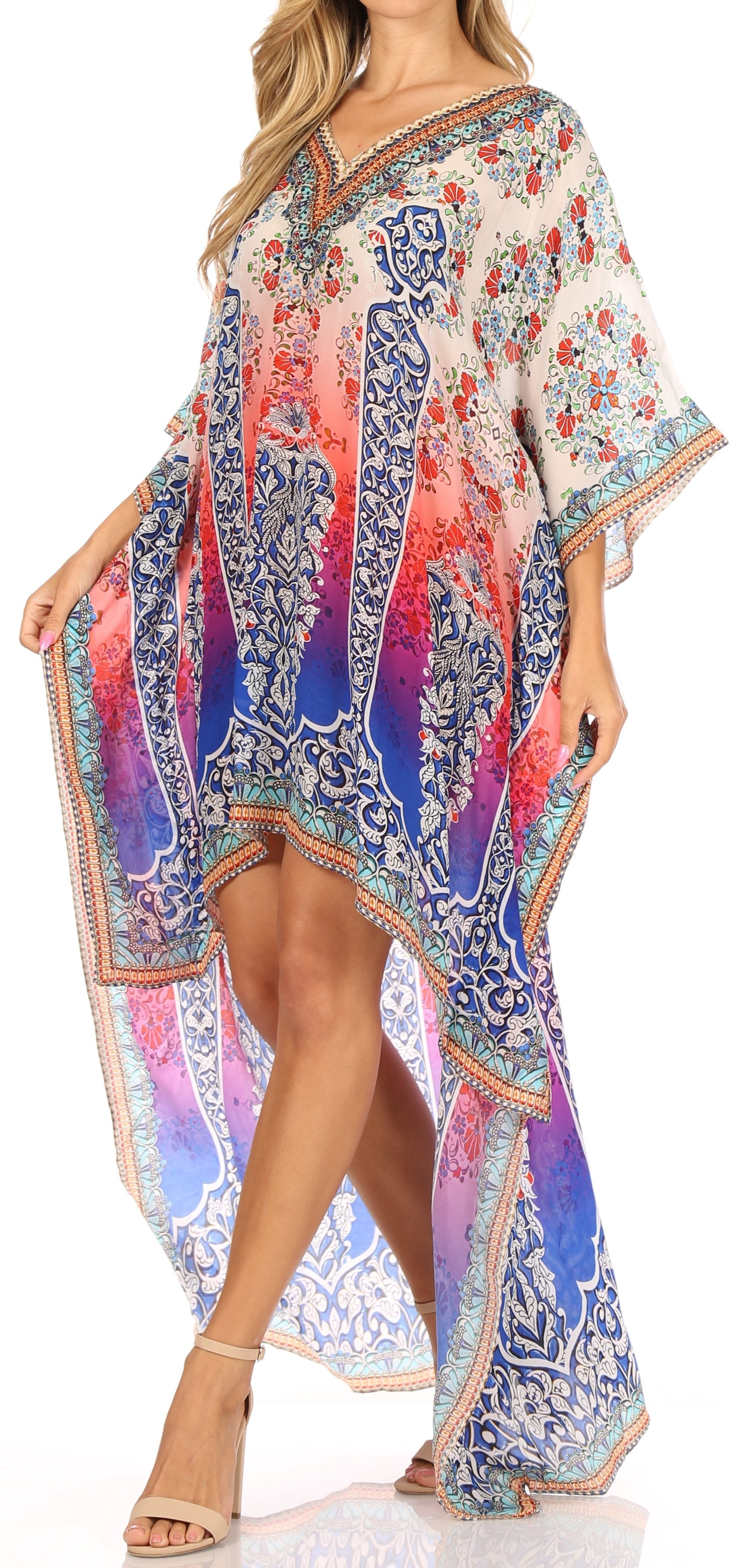Sakkas Laisson Flowy Hi Low Caftan Rhinestone Boxy V Neck Dress Top Cover / Up - Concordia Style Boutique