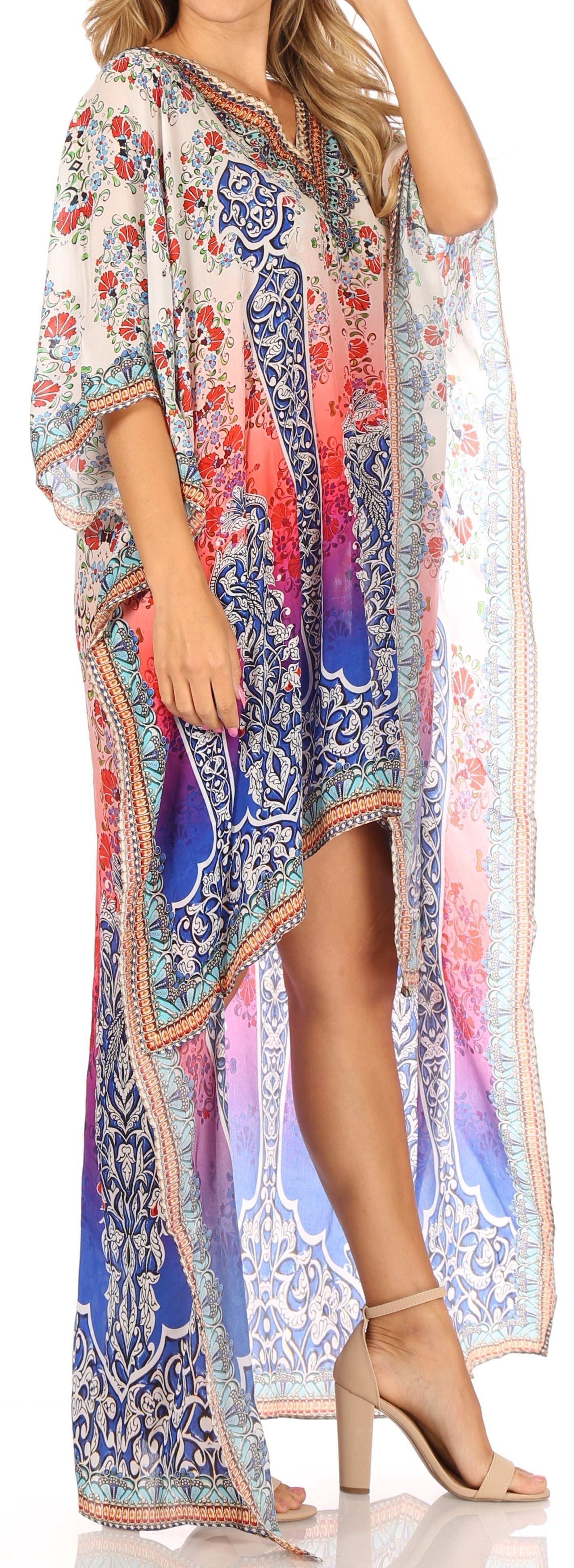 Sakkas Laisson Flowy Hi Low Caftan Rhinestone Boxy V Neck Dress Top Cover / Up - Concordia Style Boutique