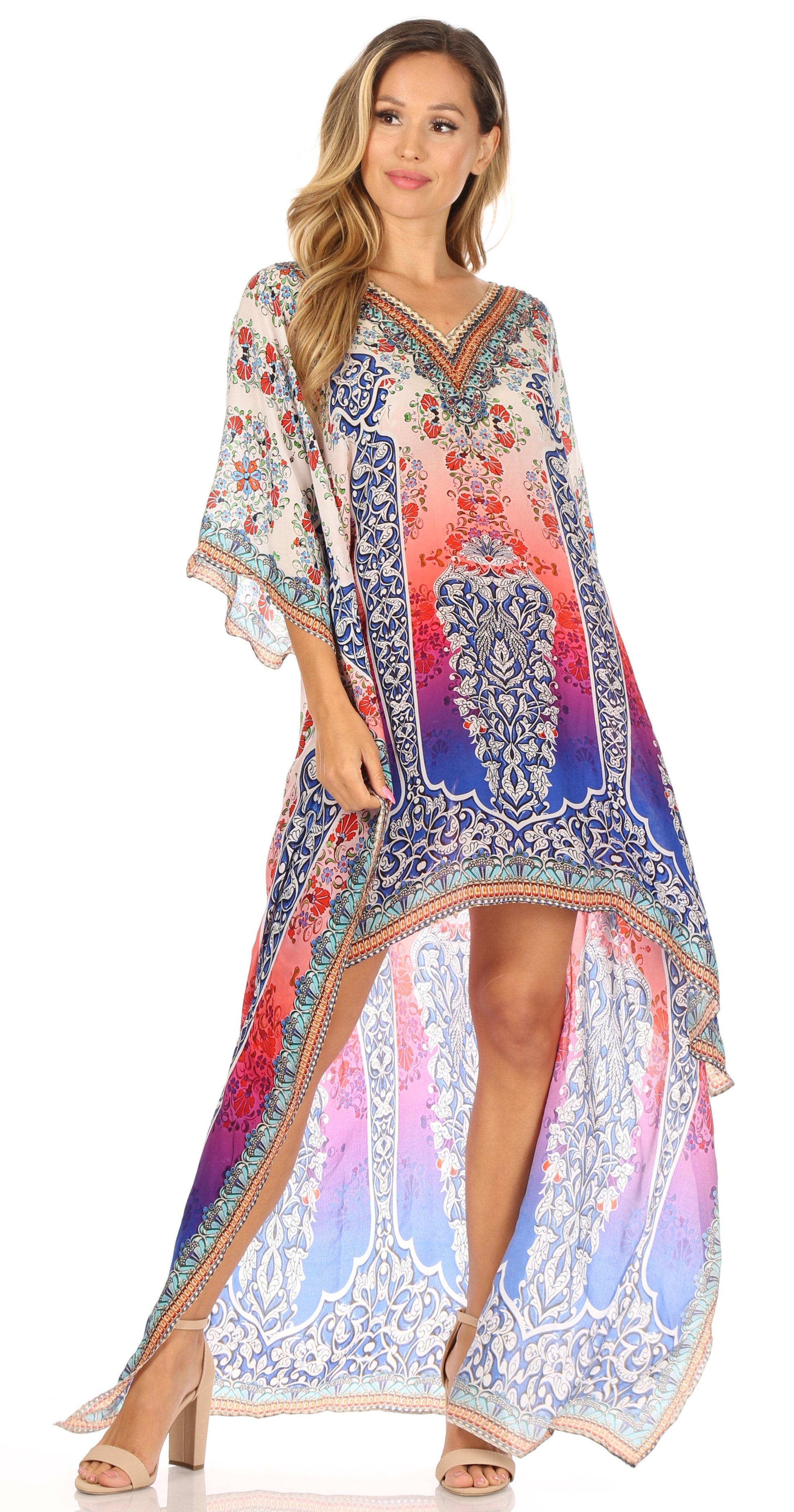 Sakkas Laisson Flowy Hi Low Caftan Rhinestone Boxy V Neck Dress Top Cover / Up - Concordia Style Boutique
