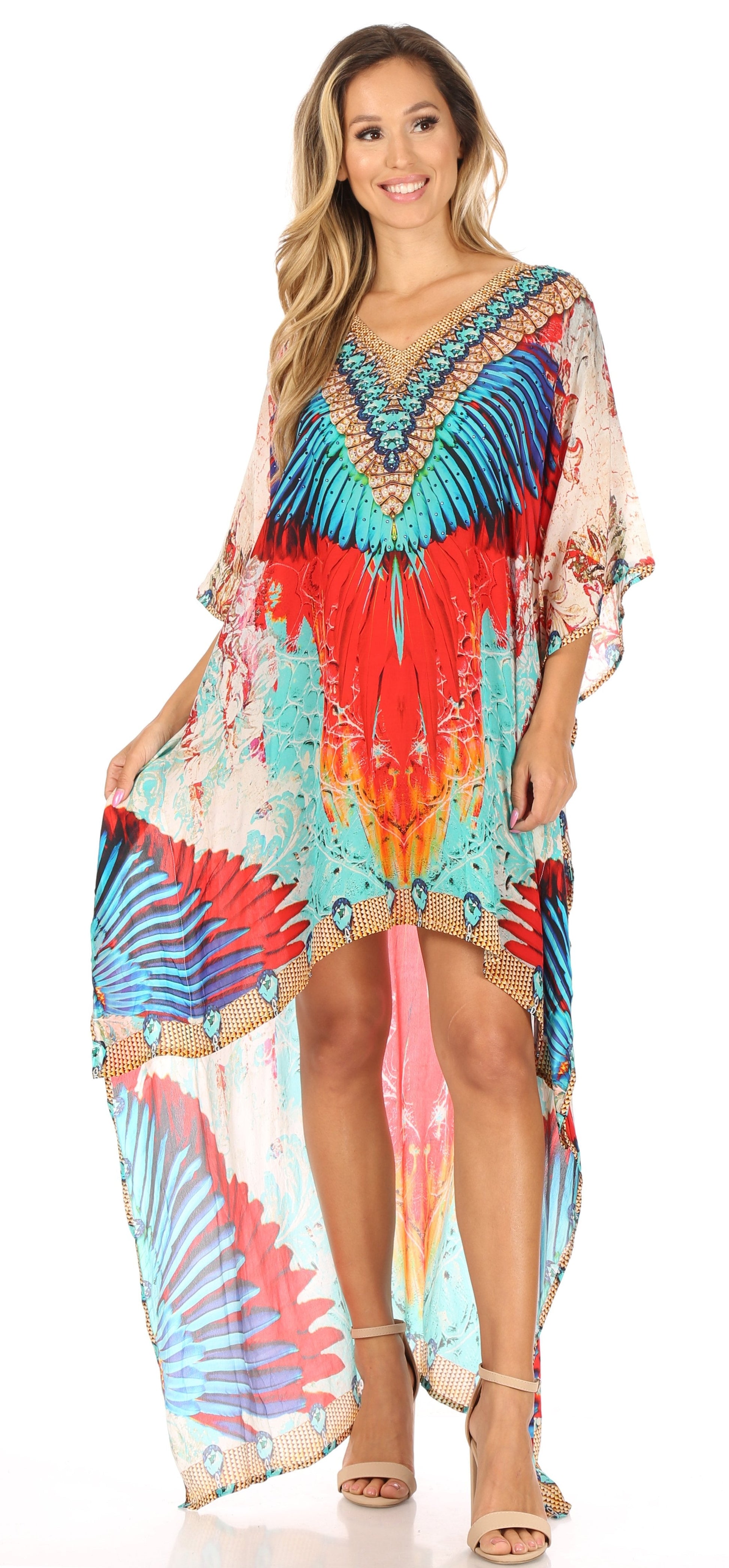 Sakkas Laisson Flowy Hi Low Caftan Rhinestone Boxy V Neck Dress Top Cover / Up - Concordia Style Boutique