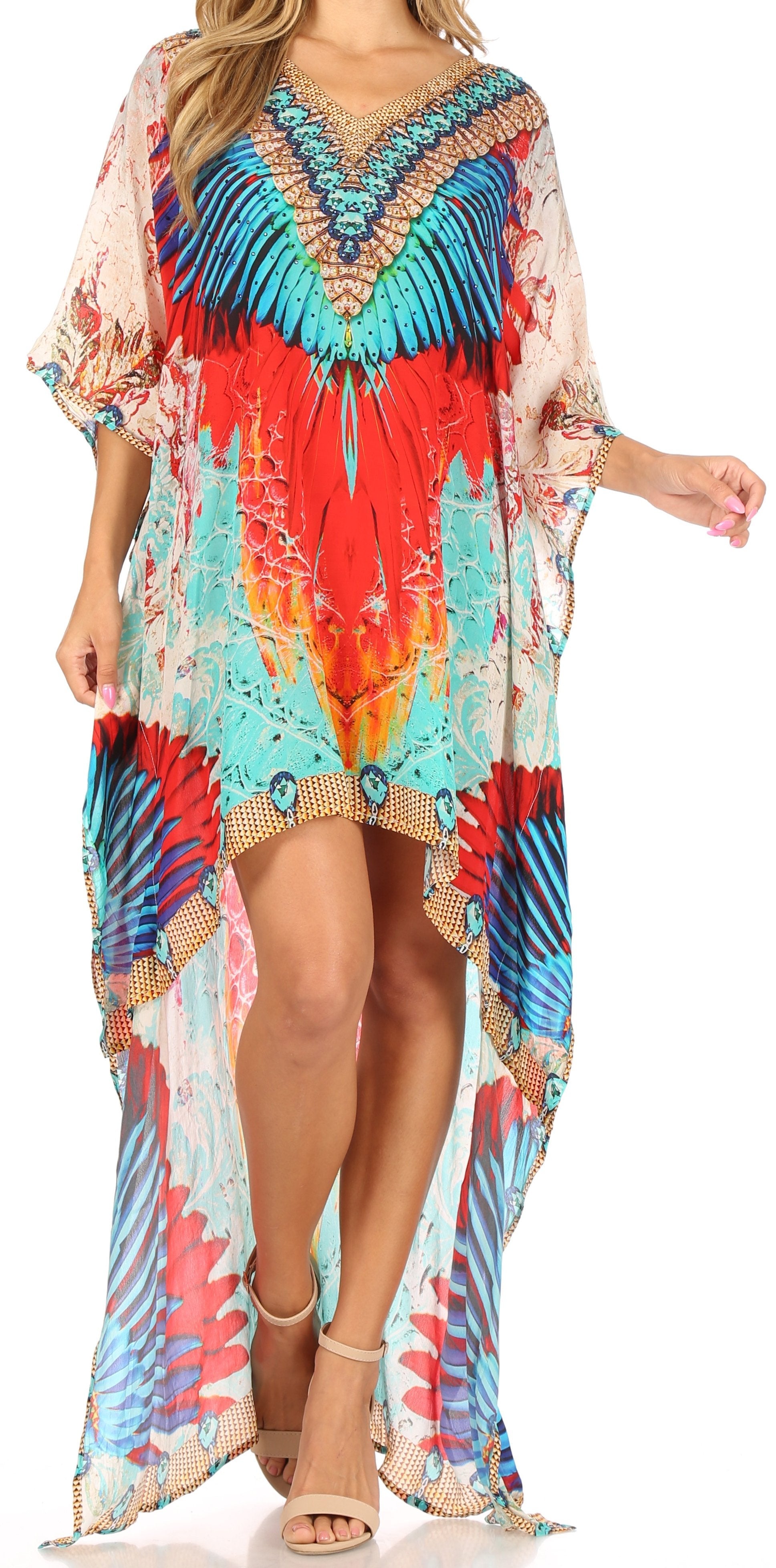 Sakkas Laisson Flowy Hi Low Caftan Rhinestone Boxy V Neck Dress Top Cover / Up - Concordia Style Boutique