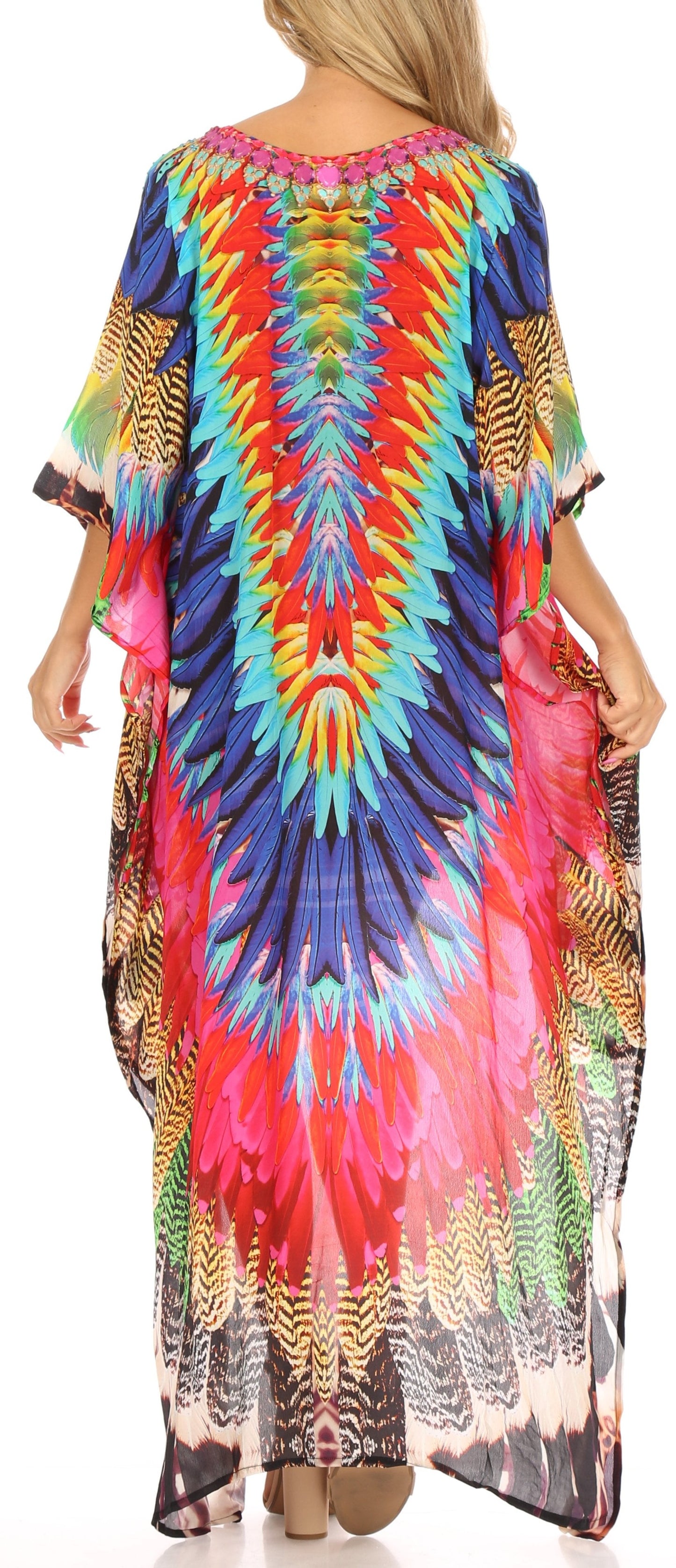 Sakkas Laisson Flowy Hi Low Caftan Rhinestone Boxy V Neck Dress Top Cover / Up - Concordia Style Boutique