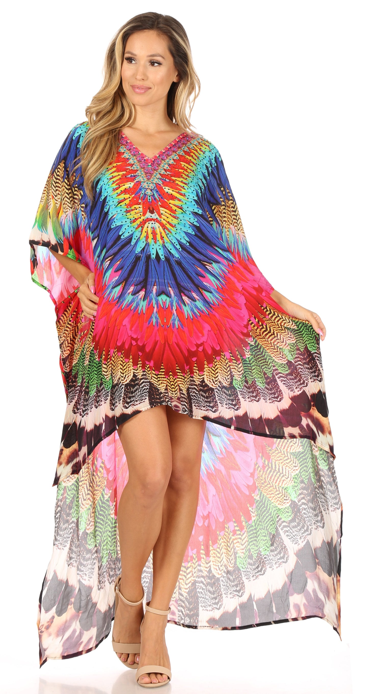 Sakkas Laisson Flowy Hi Low Caftan Rhinestone Boxy V Neck Dress Top Cover / Up - Concordia Style Boutique