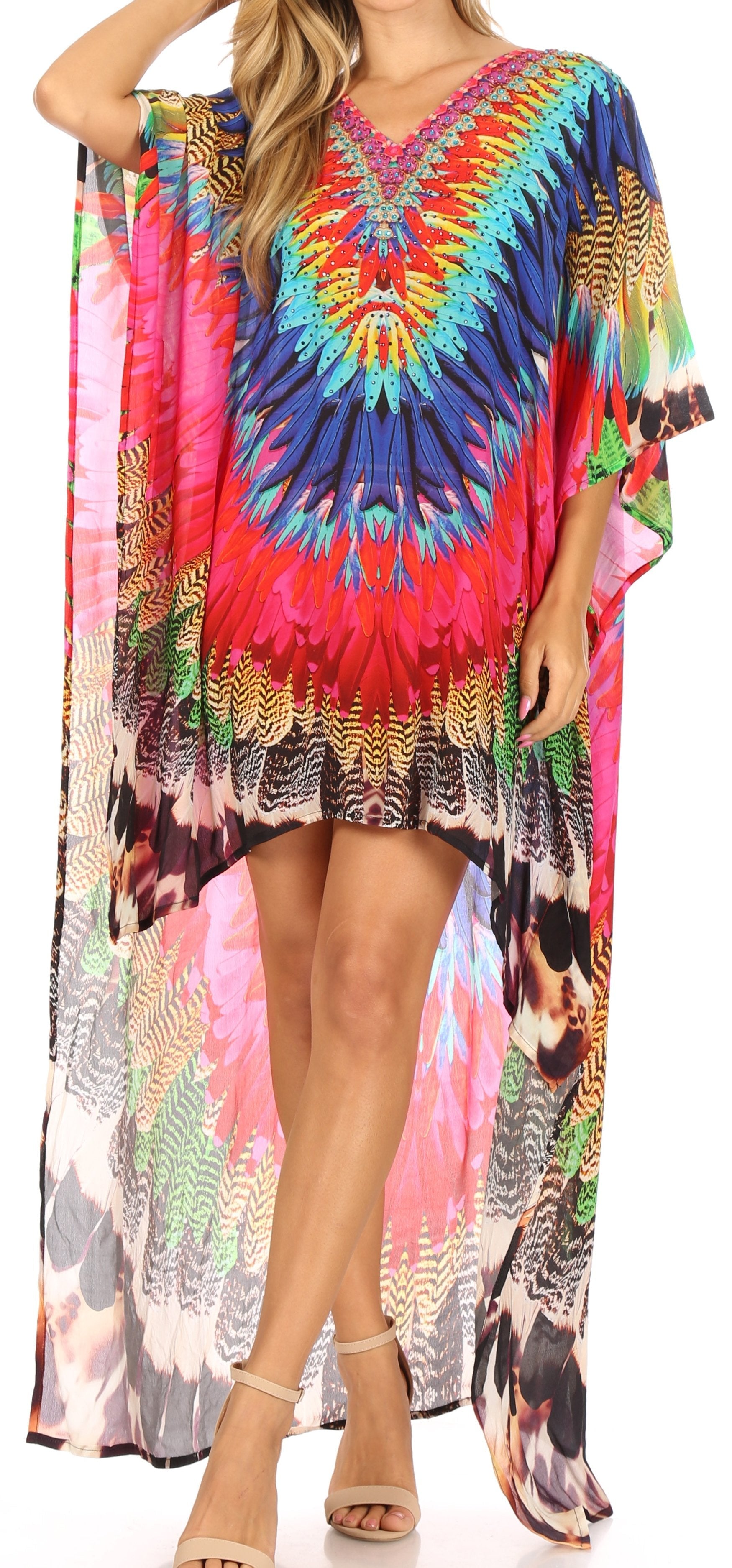 Sakkas Laisson Flowy Hi Low Caftan Rhinestone Boxy V Neck Dress Top Cover / Up - Concordia Style Boutique
